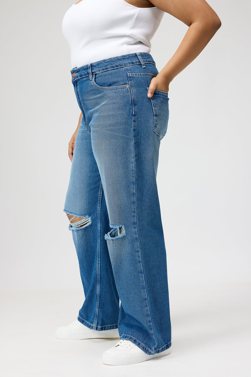 Curve Urban Blue Ripped Wide Jeans