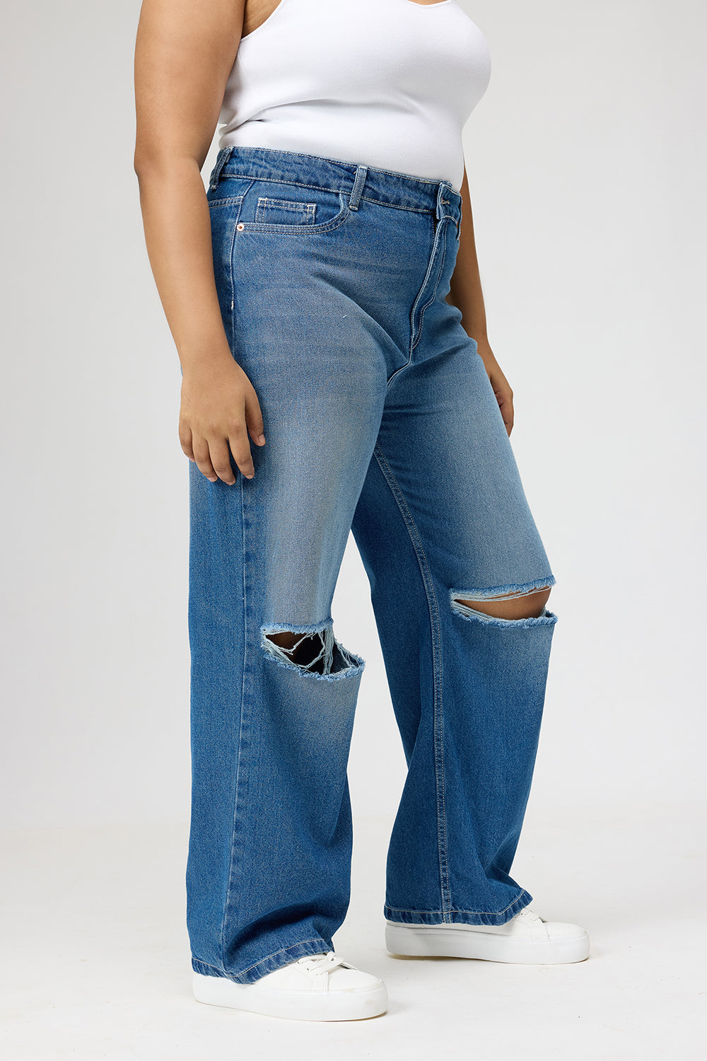 Curve Urban Blue Ripped Wide Jeans