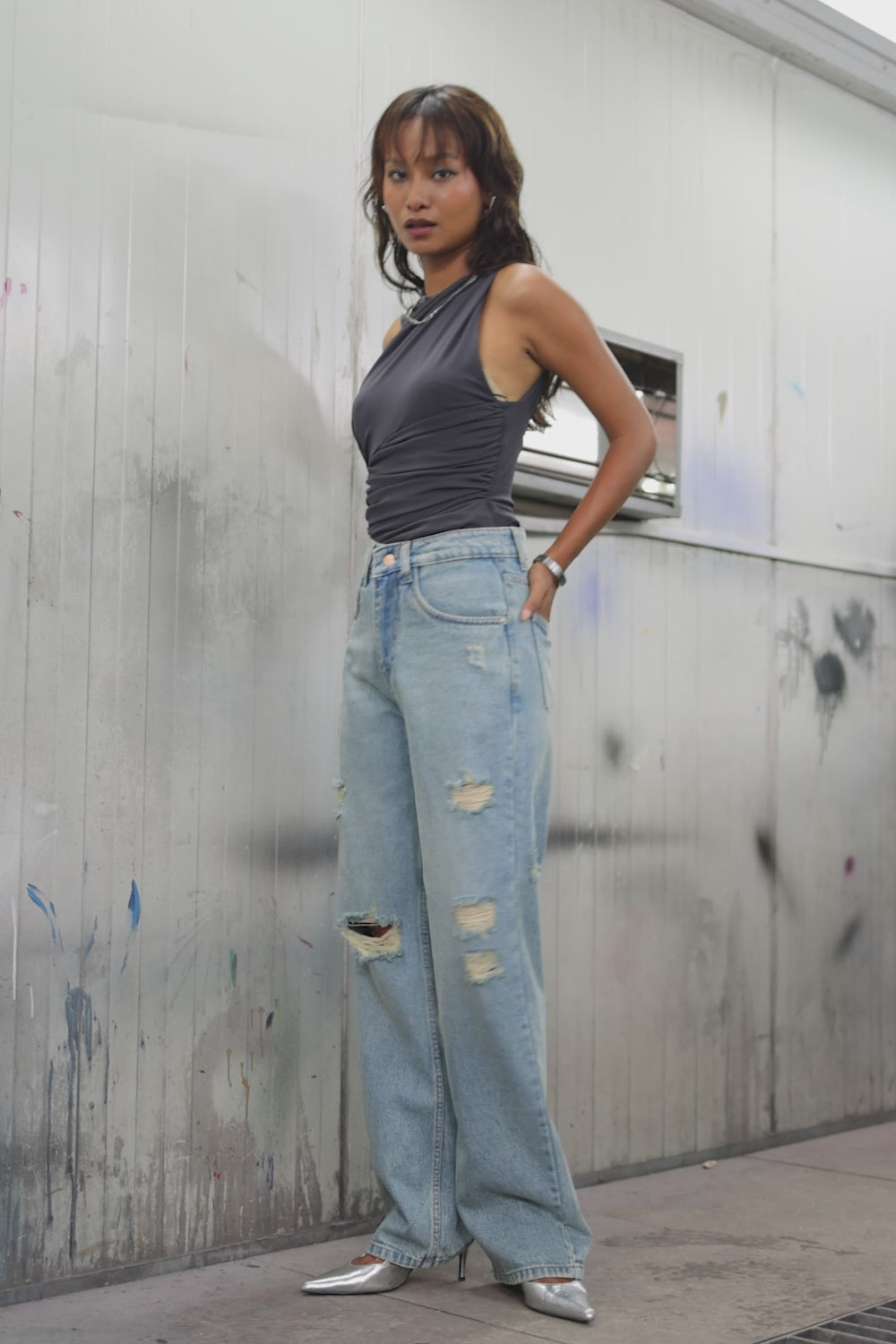 Light Blue Distressed Women's Straight Jeans