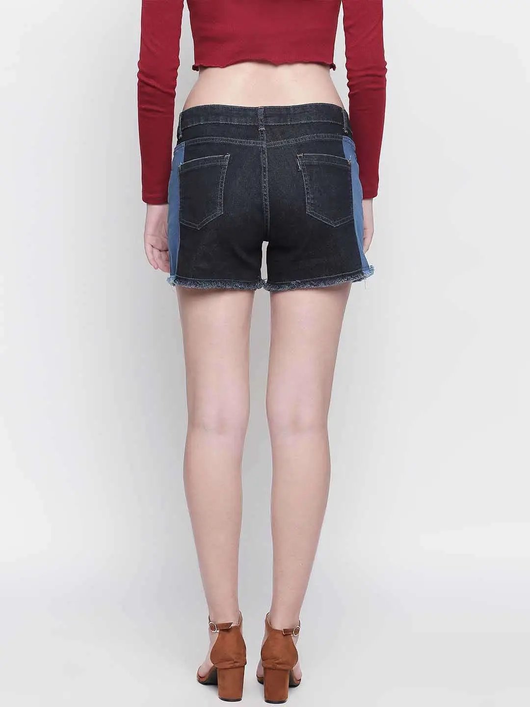 Black Patched Denim Shorts
