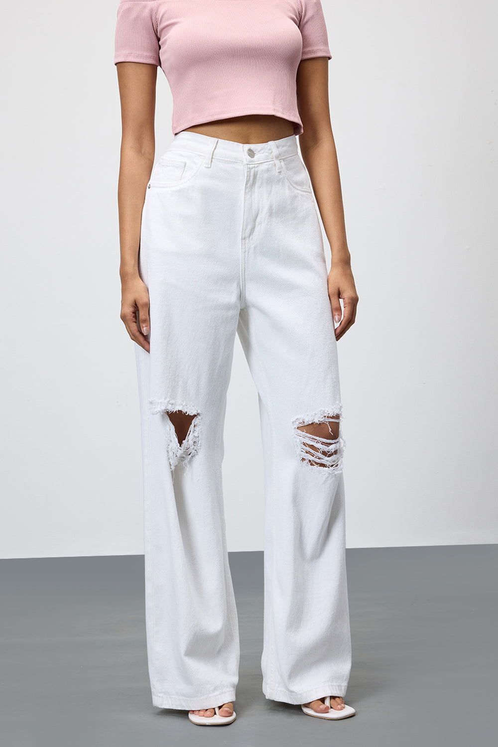 Pearl White Ripped Women's Wide Leg Jeans