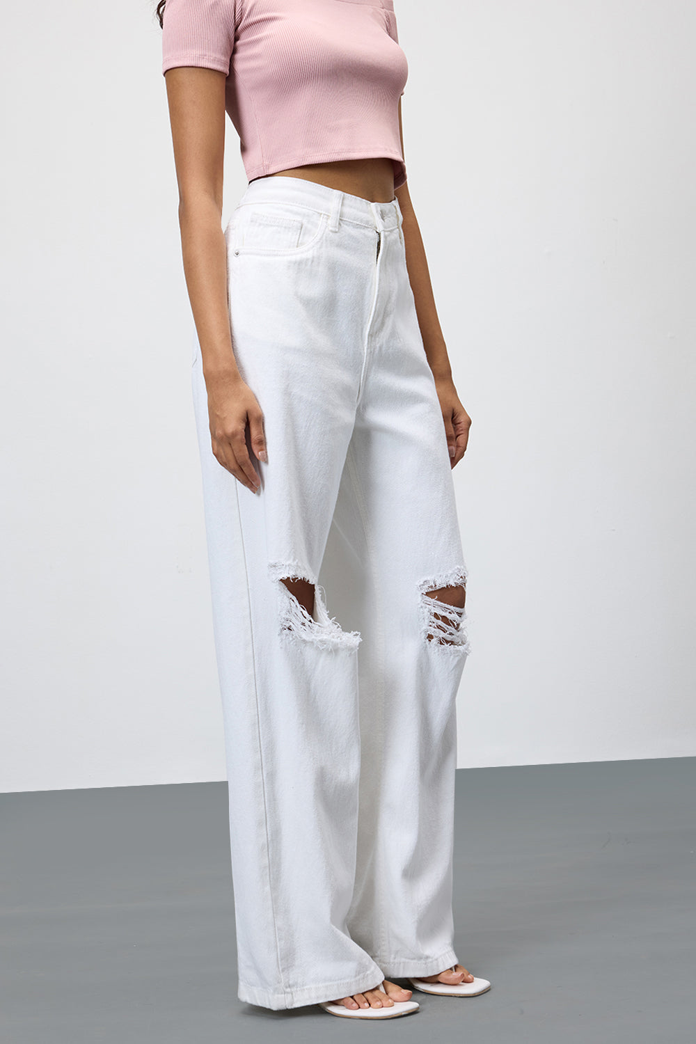 Pearl White Ripped Women's Wide Leg Jeans
