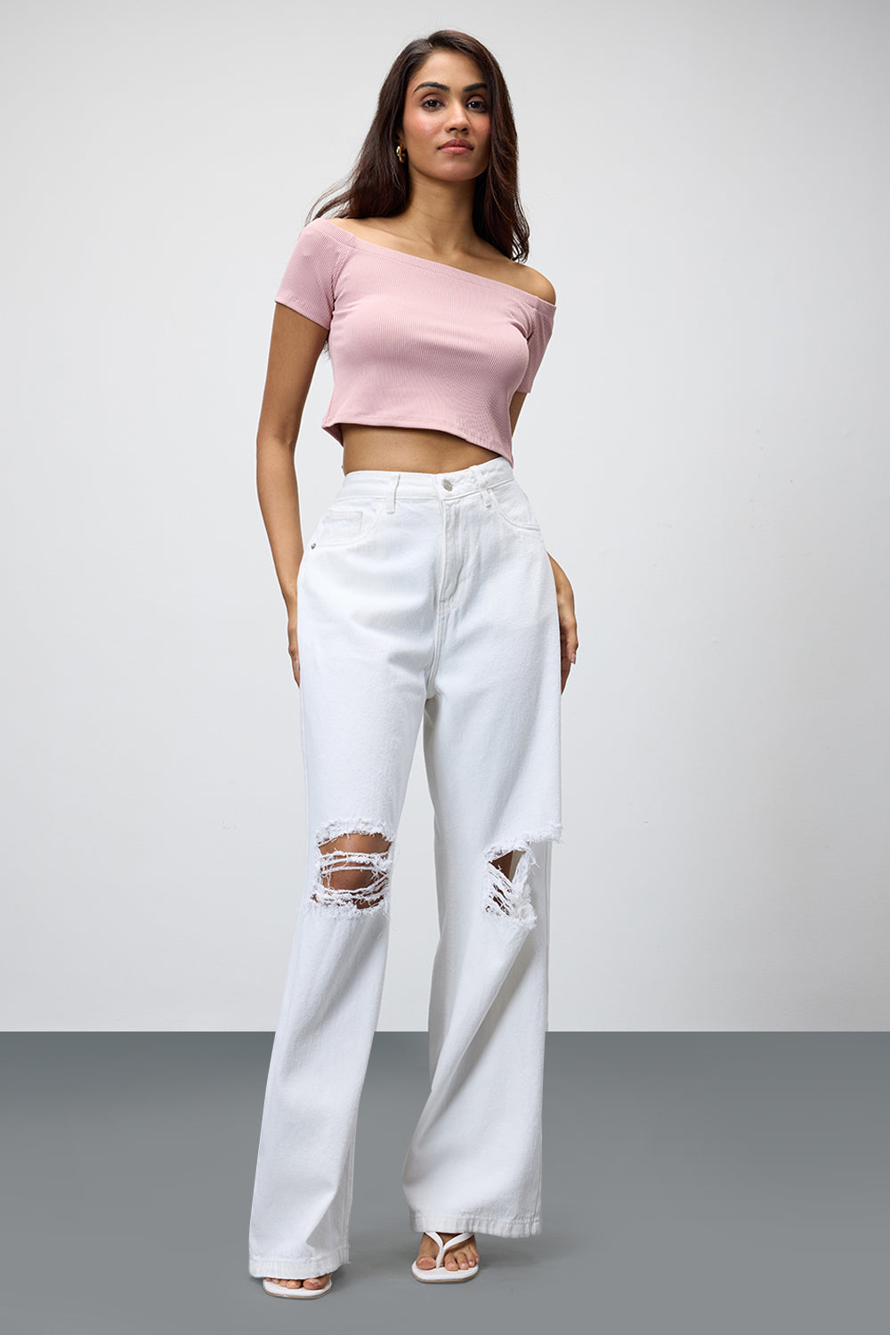 Pearl White Ripped Women's Wide Leg Jeans