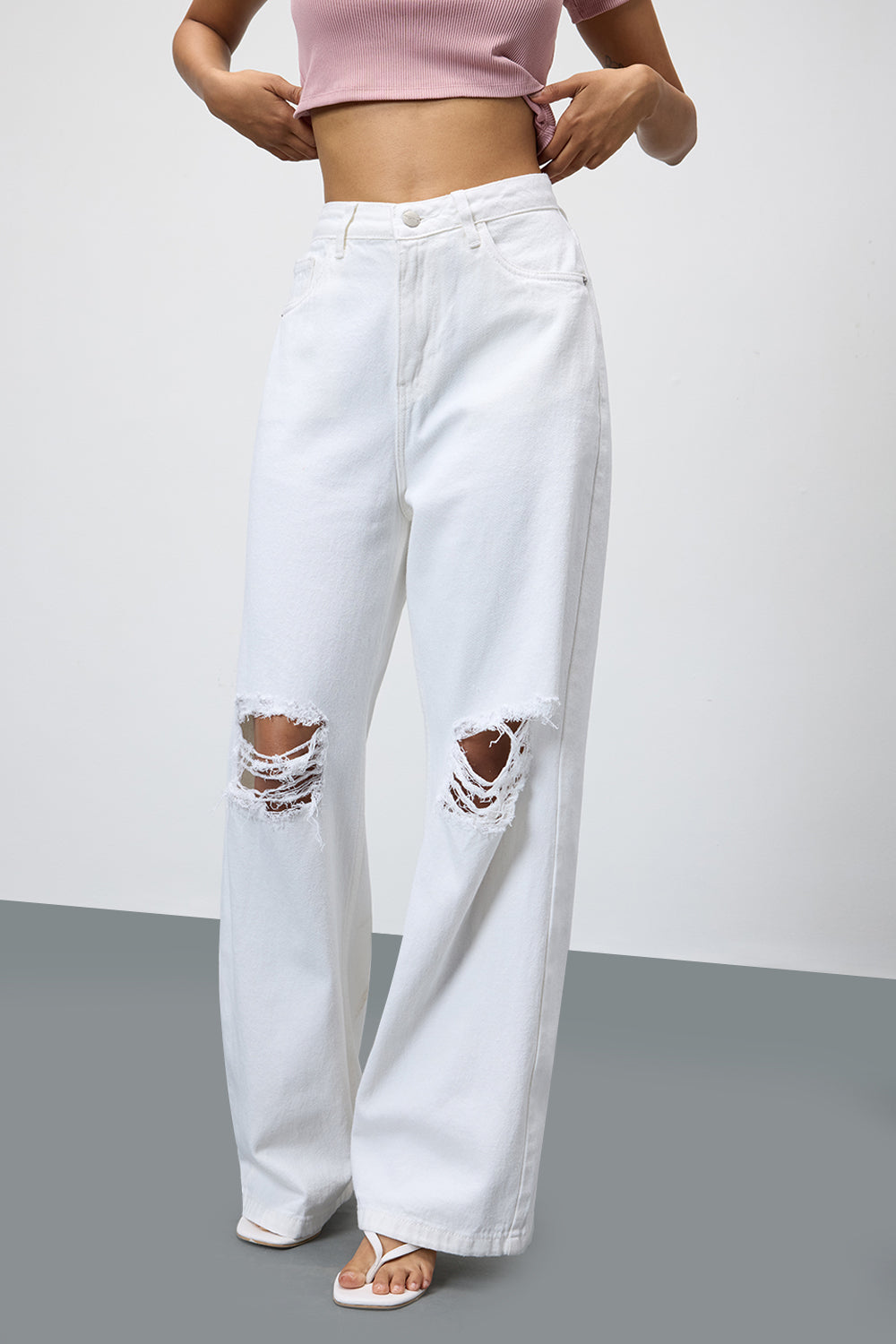 Pearl White Ripped Women's Wide Leg Jeans