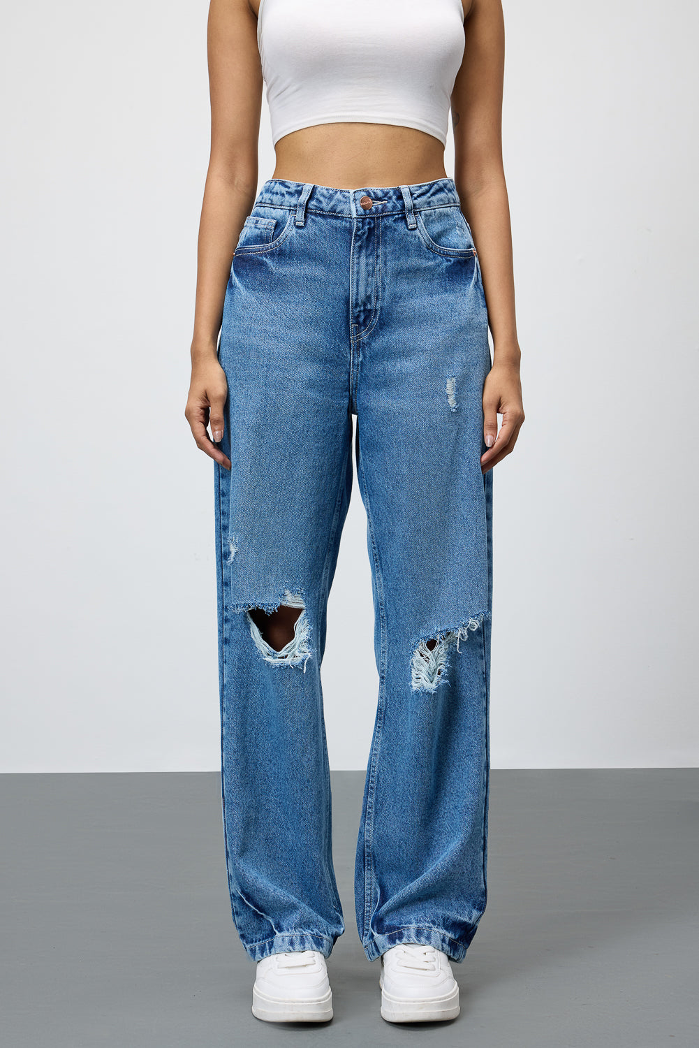 Mid Blue Ripped Women's Straight Jeans