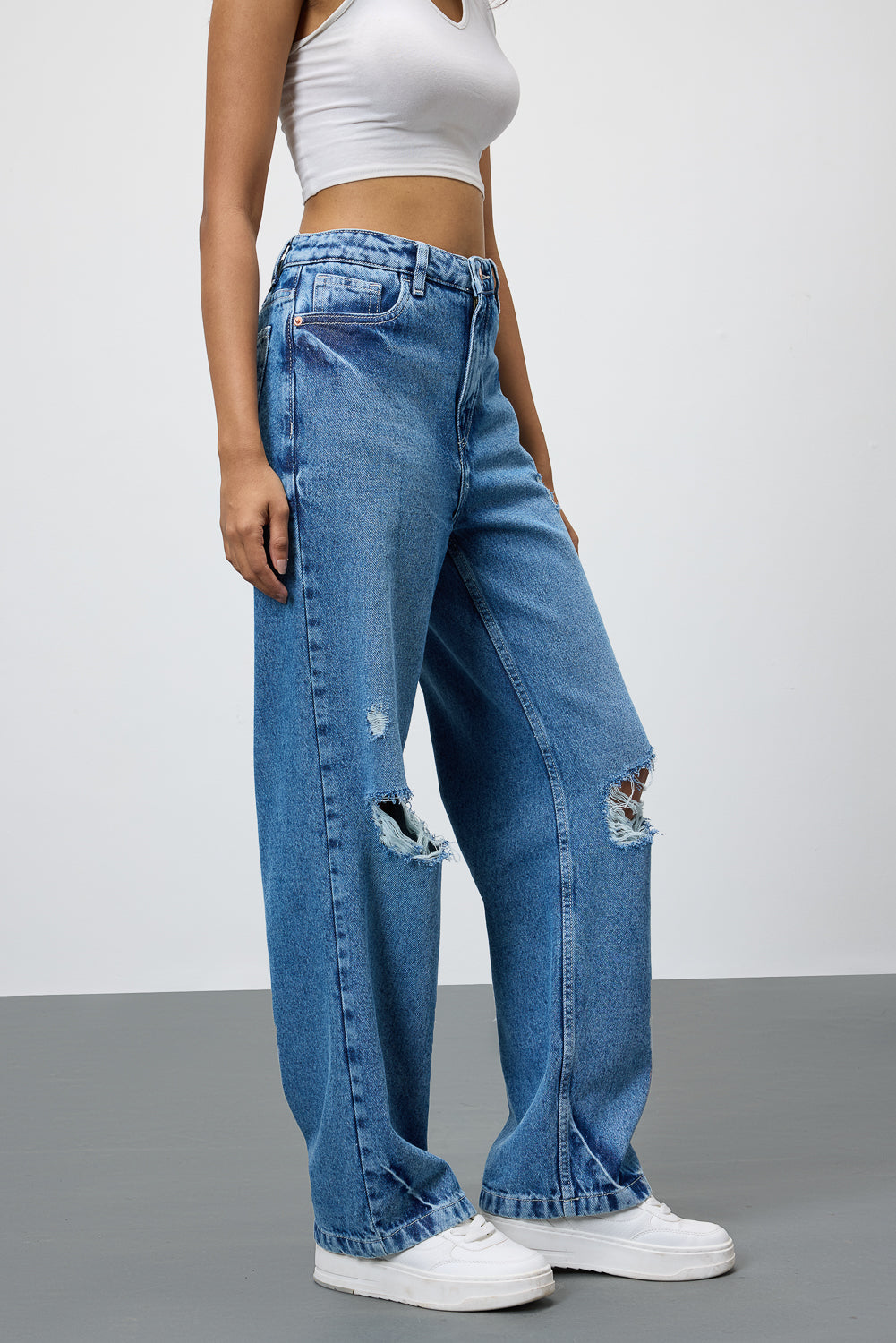 Mid Blue Ripped Women's Straight Jeans