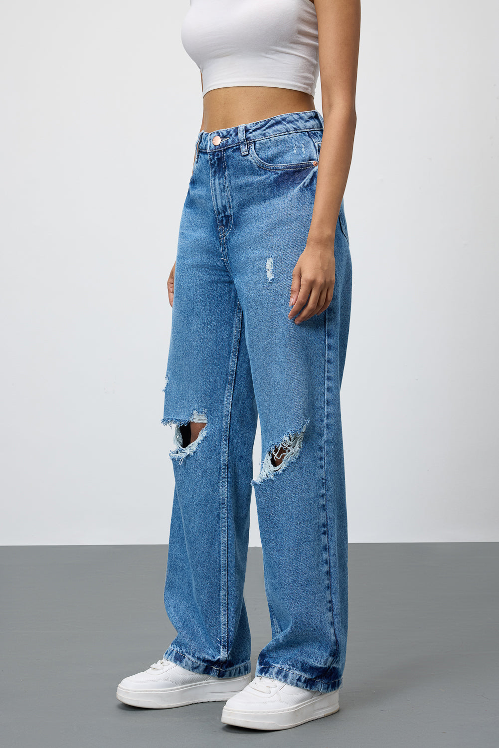 Mid Blue Ripped Women's Straight Jeans
