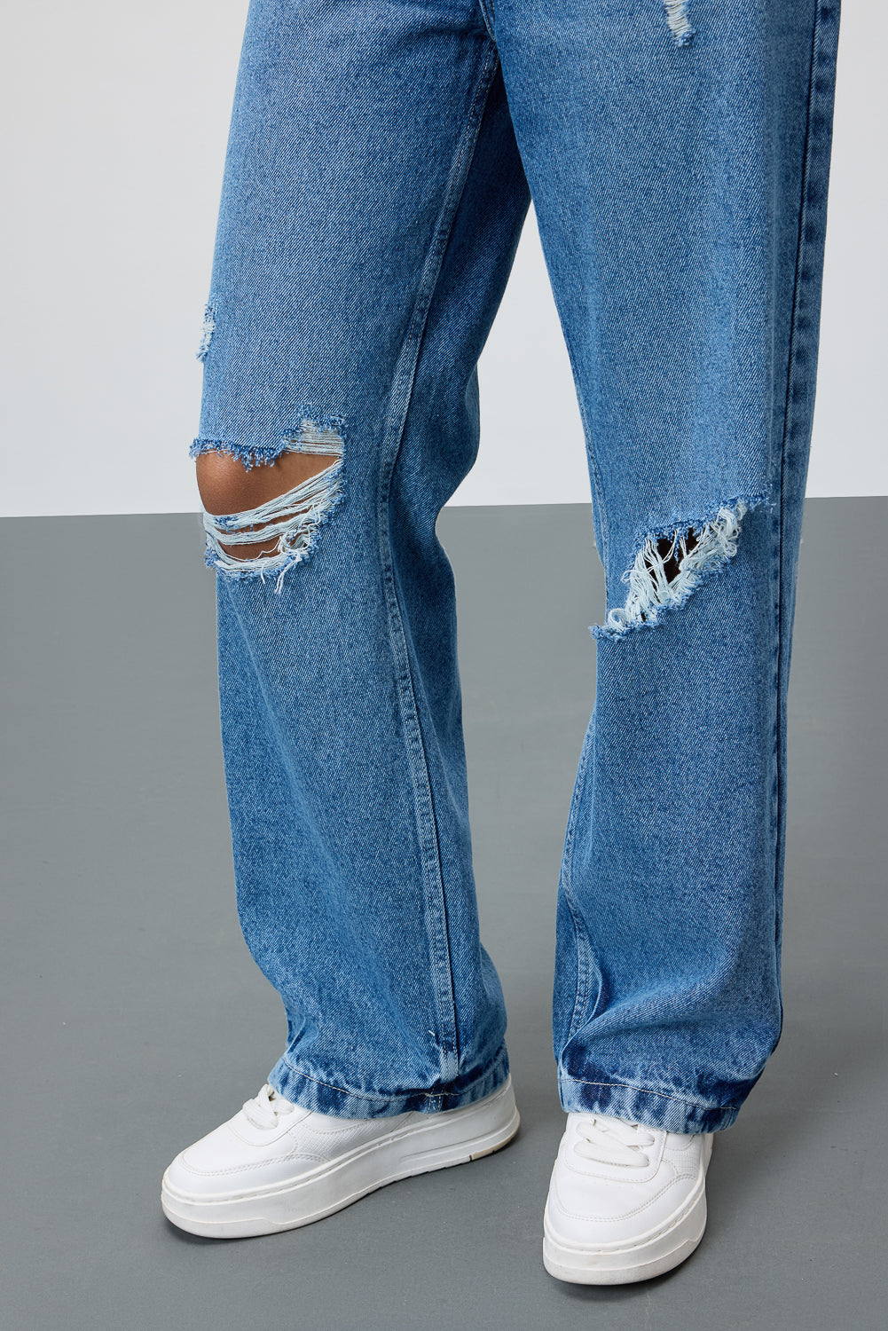 Mid Blue Ripped Women's Straight Jeans