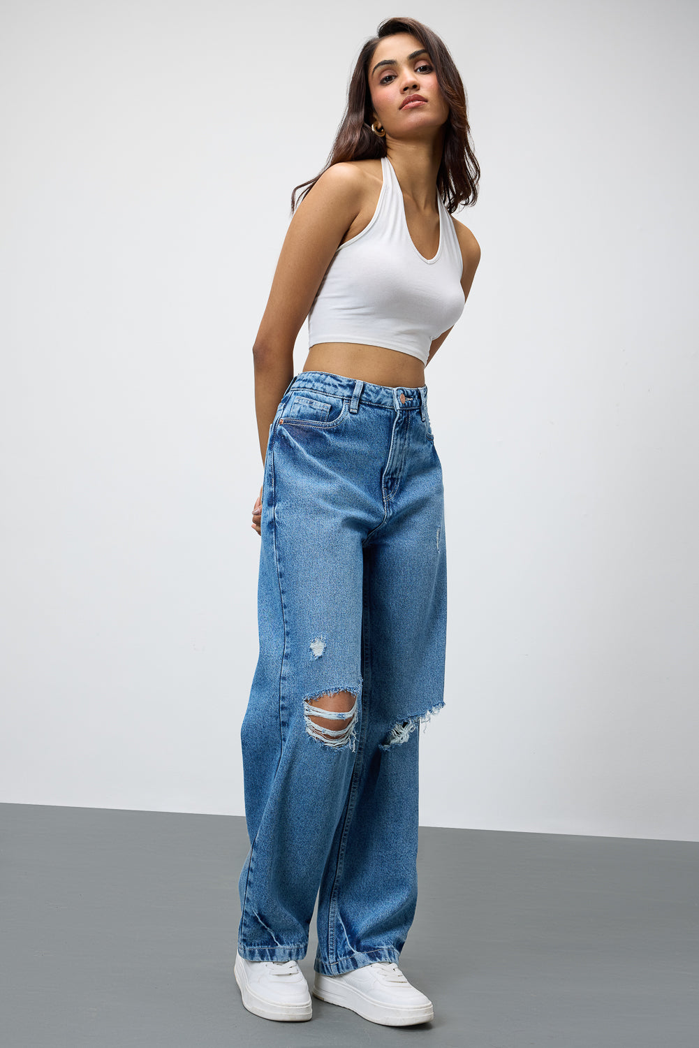 Mid Blue Ripped Women's Straight Jeans