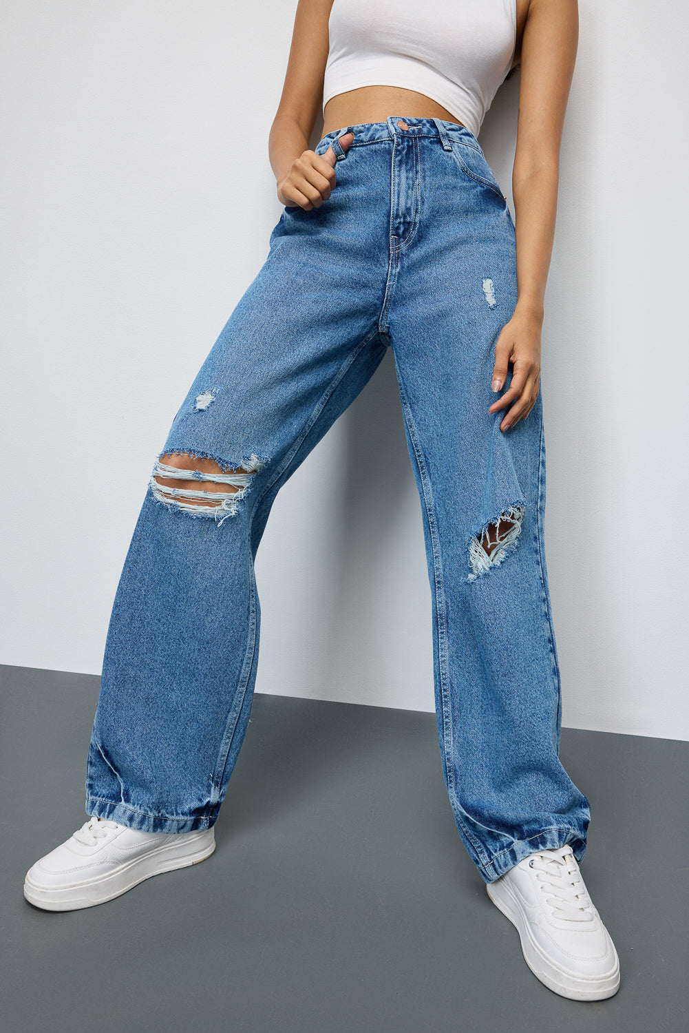 Mid Blue Ripped Women's Straight Jeans