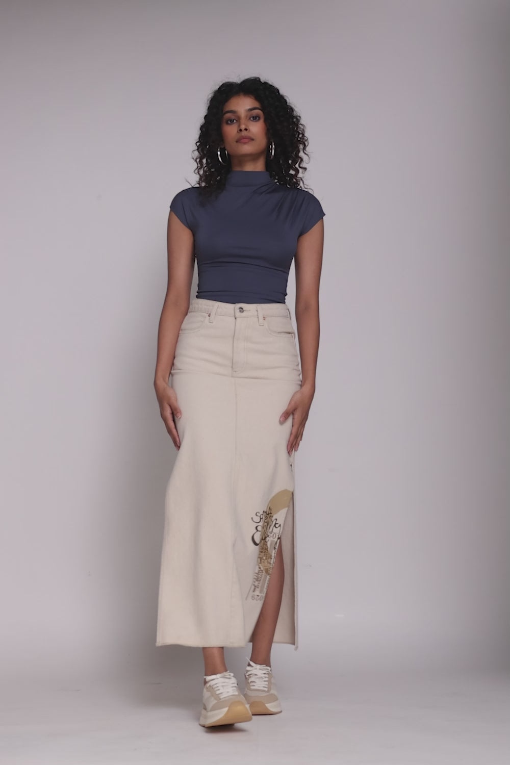 Radiant Ecru Denim Side Slit Maxi Skirt