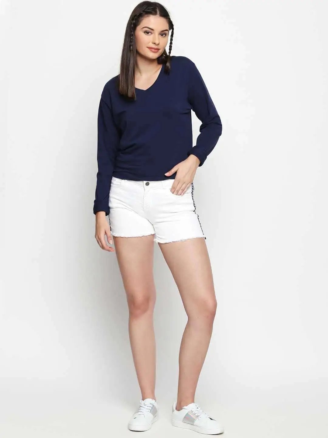 White Denim Shorts With Blue Side Tape Detail