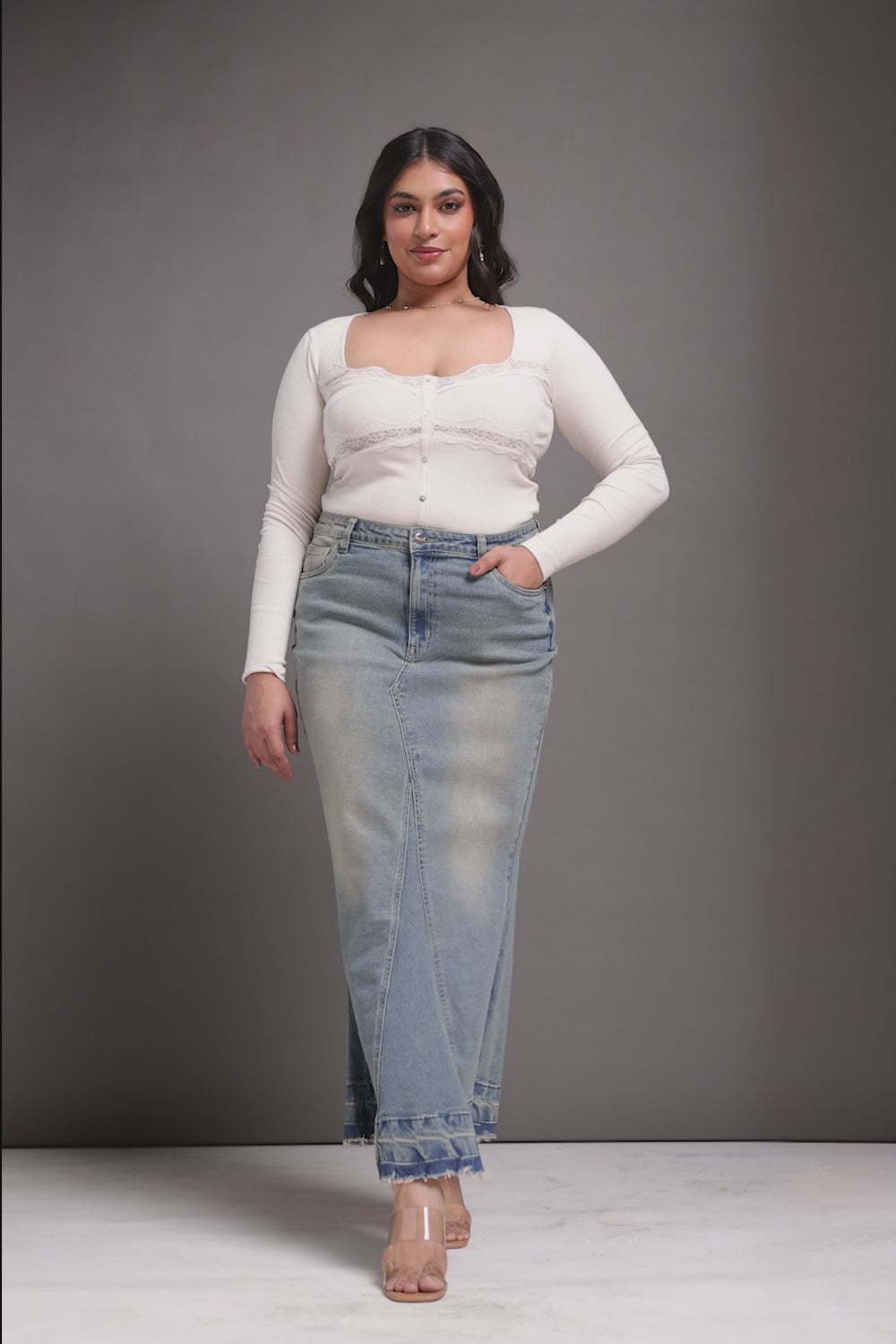 Antique Fade Curve Denim Mermaid Skirt