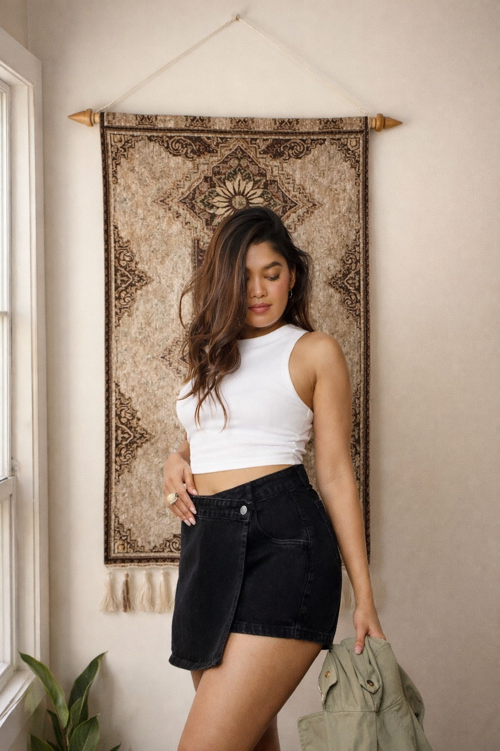 Charcoal Asymmetric Waistband Women's Denim Skort