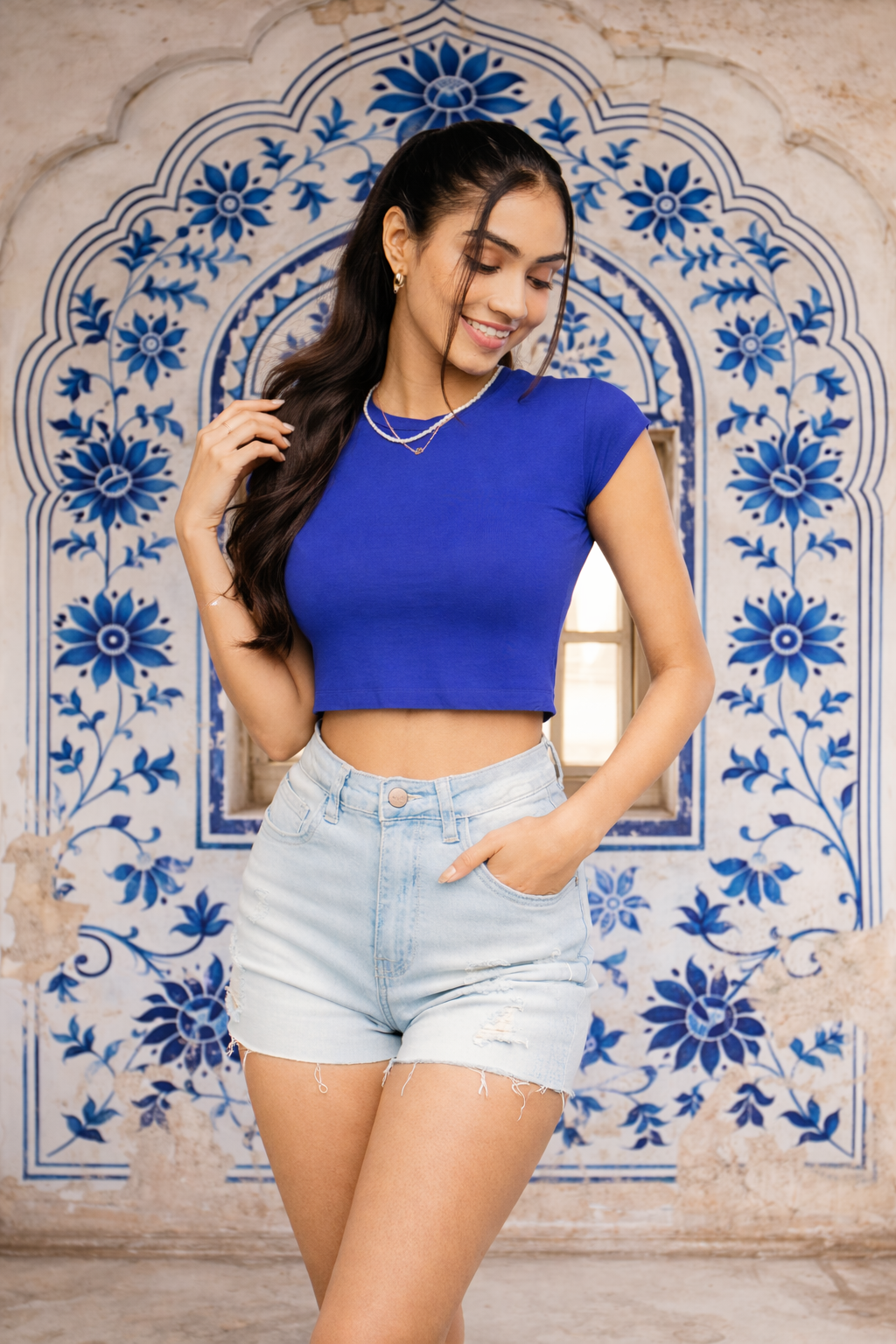 Denim Light Distressed Fitted Shorts