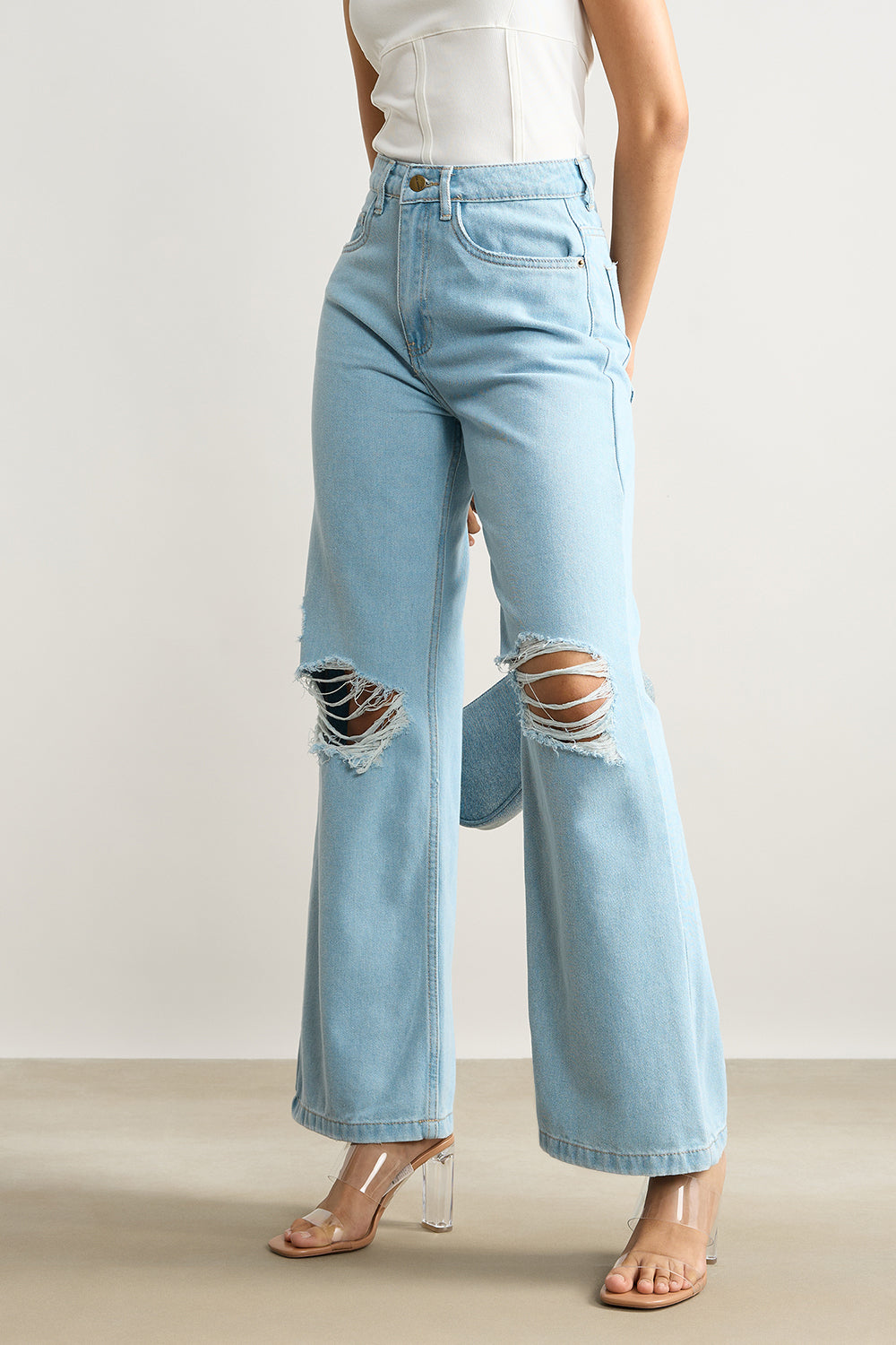 True Blue Distressed Women's Wide Leg Jeans