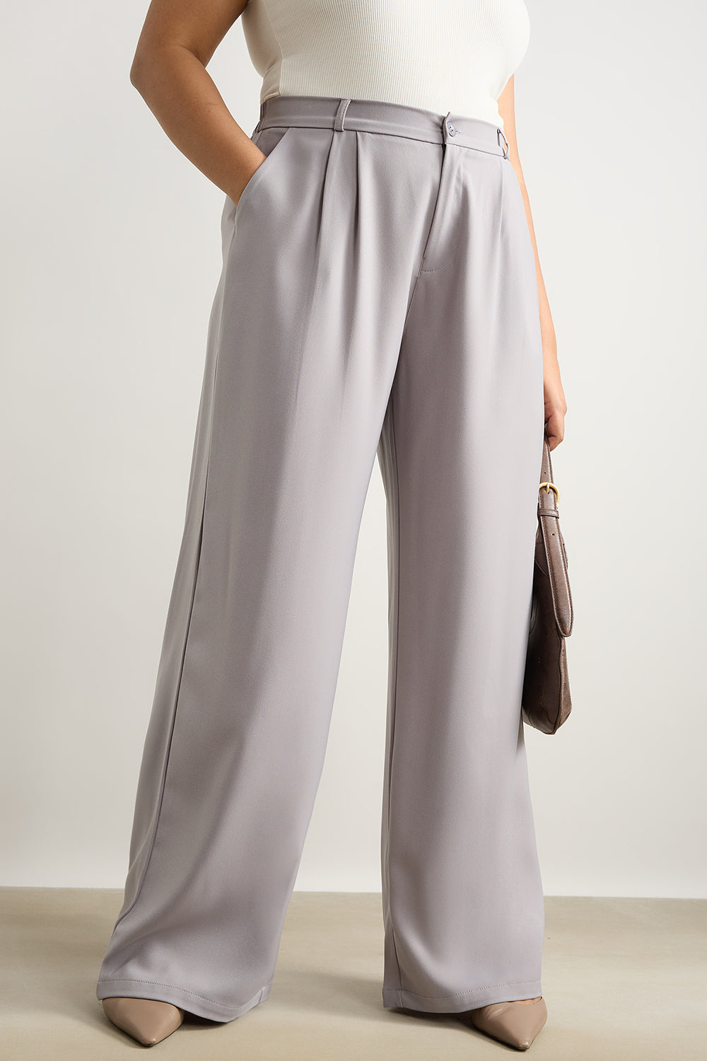 Curve Light Grey Pleated Straight Korean Pants