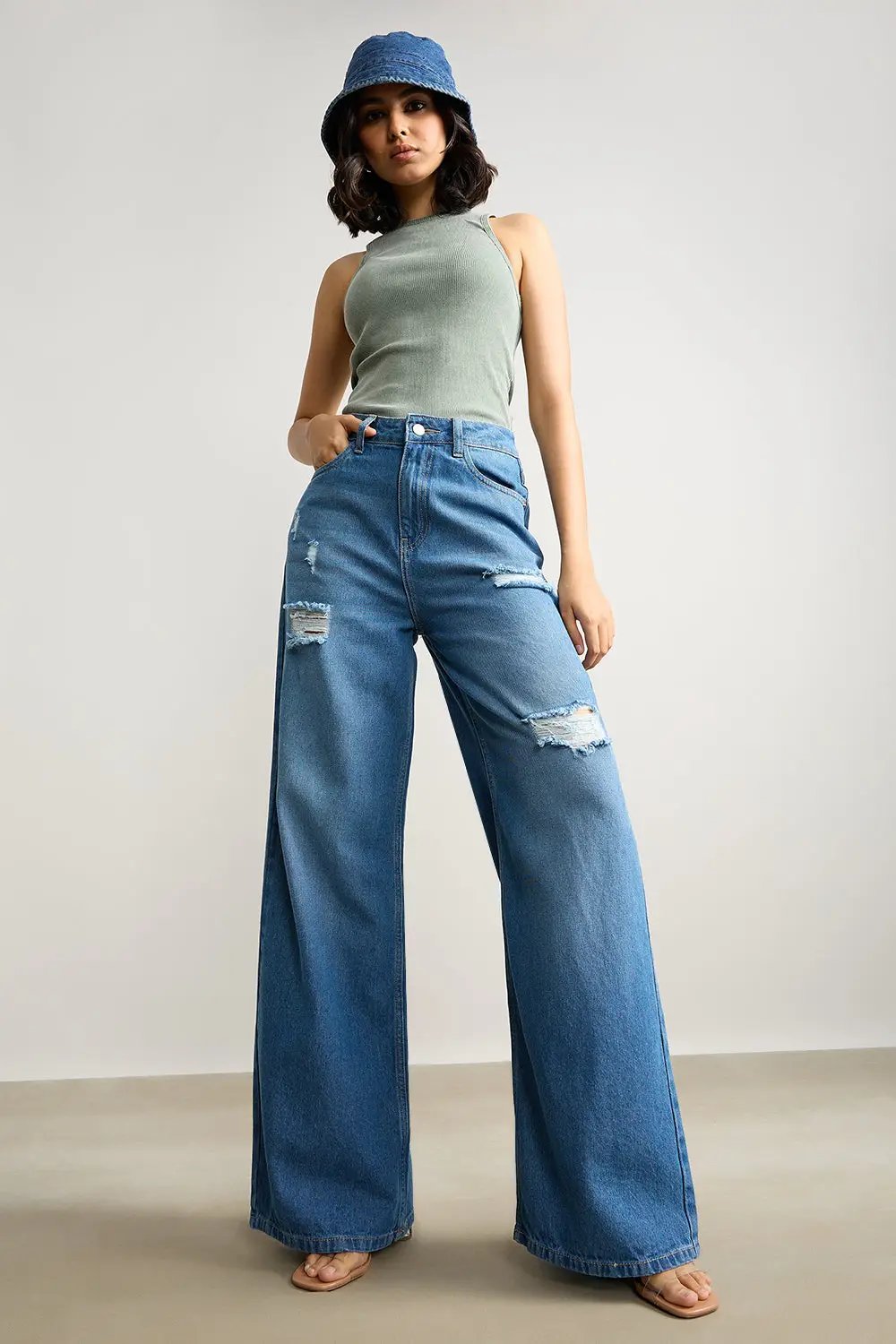 Blue High Waisted Women's Super Wide Jeans