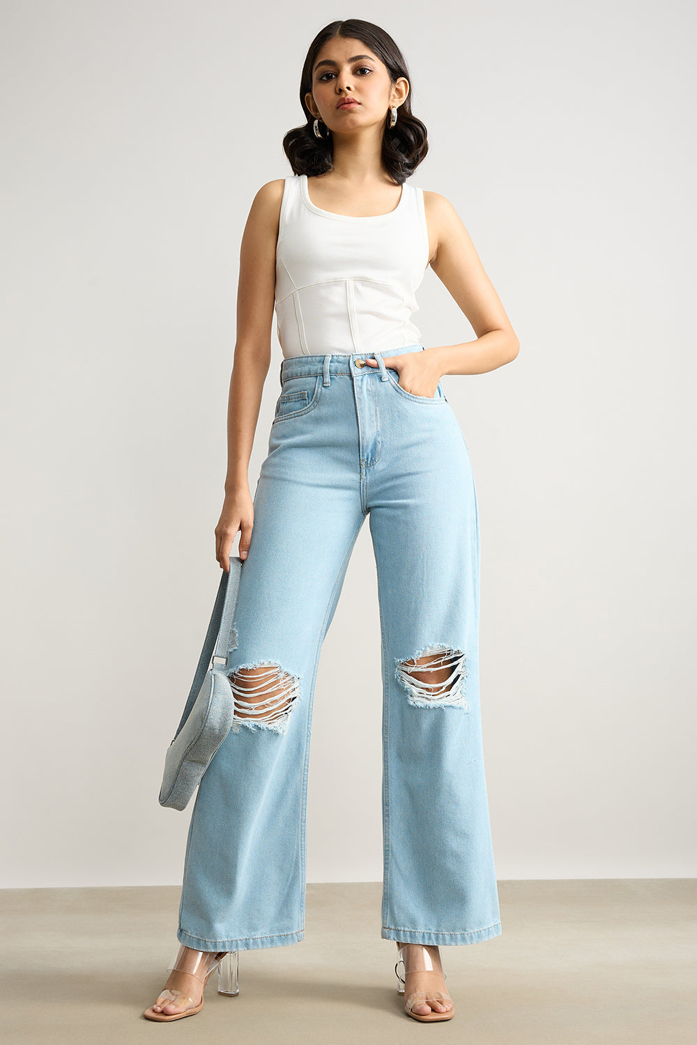 True Blue Distressed Women's Wide Leg Jeans