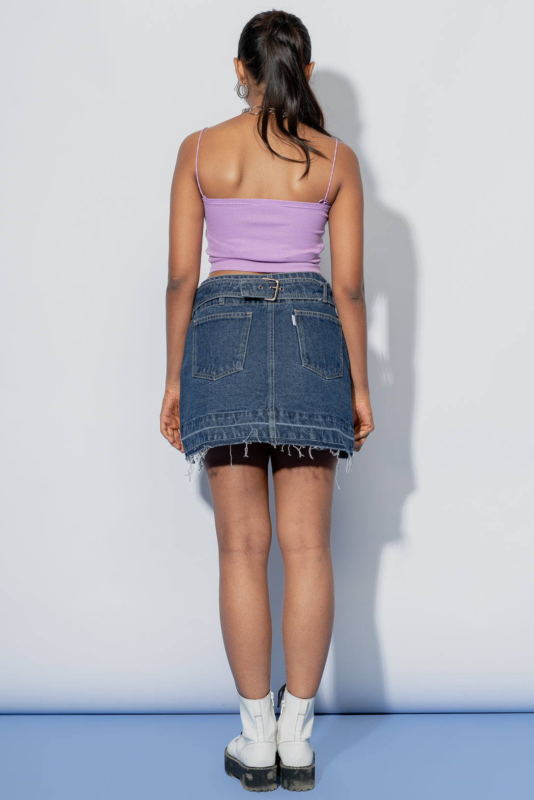 Belted Front Slit Denim Skirt