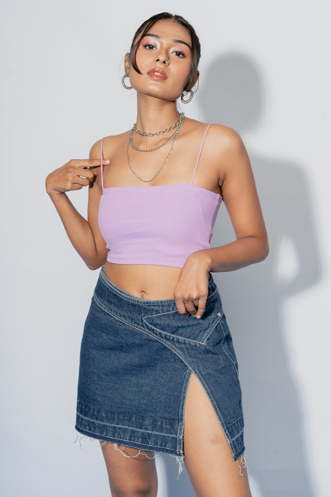 Belted Front Slit Denim Skirt