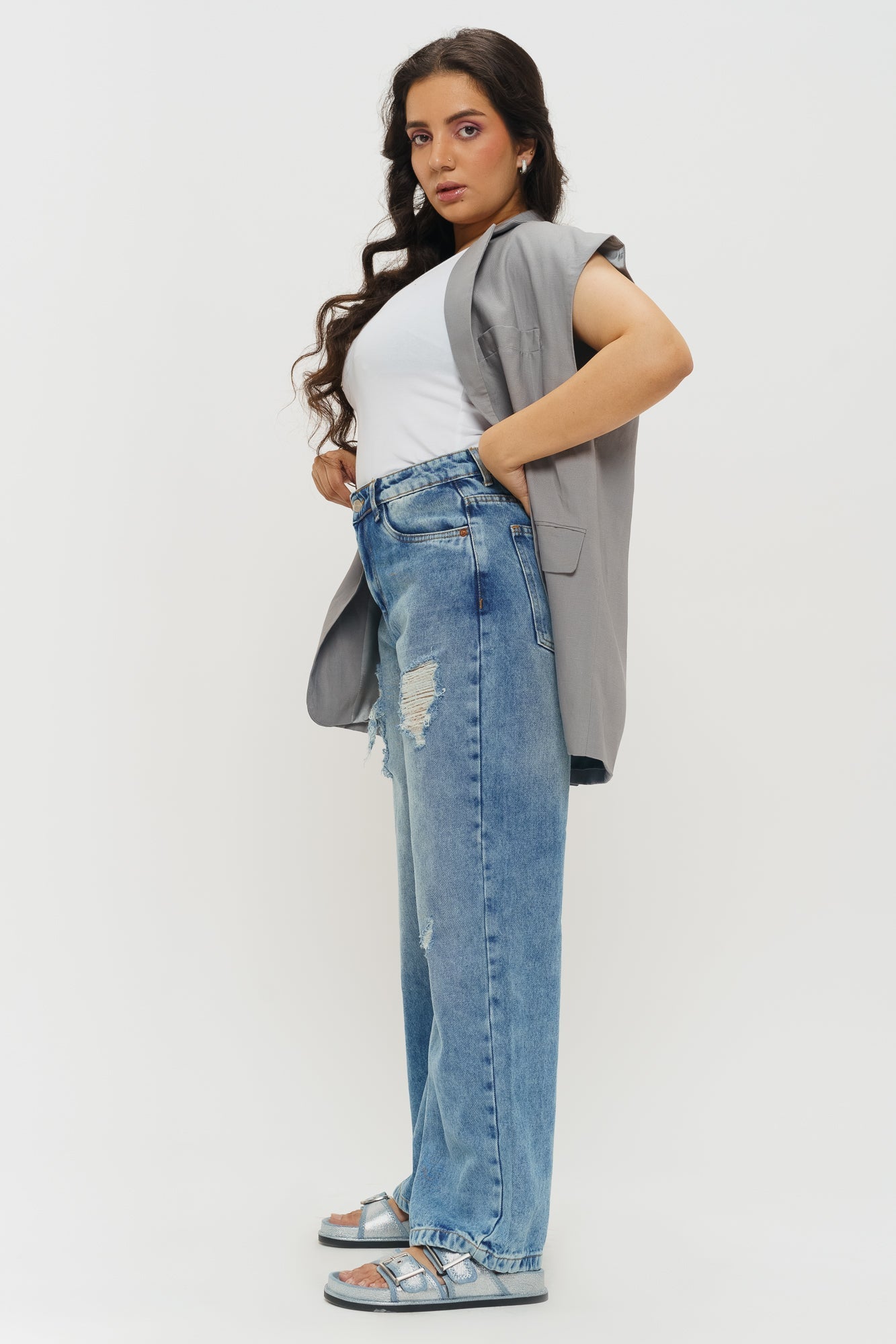 Windy Blue Distressed Women's Wide Jeans