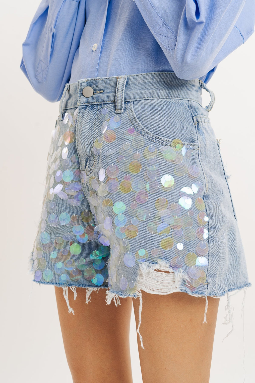 Blue Sequin Embellished Denim Short