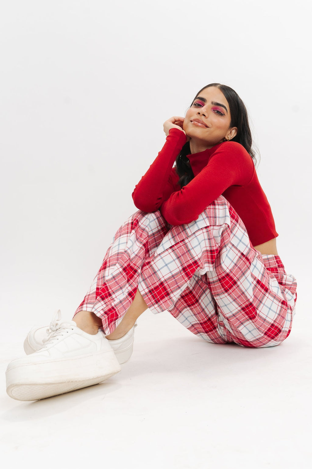 Red And White Checkered Straight Fit Pant