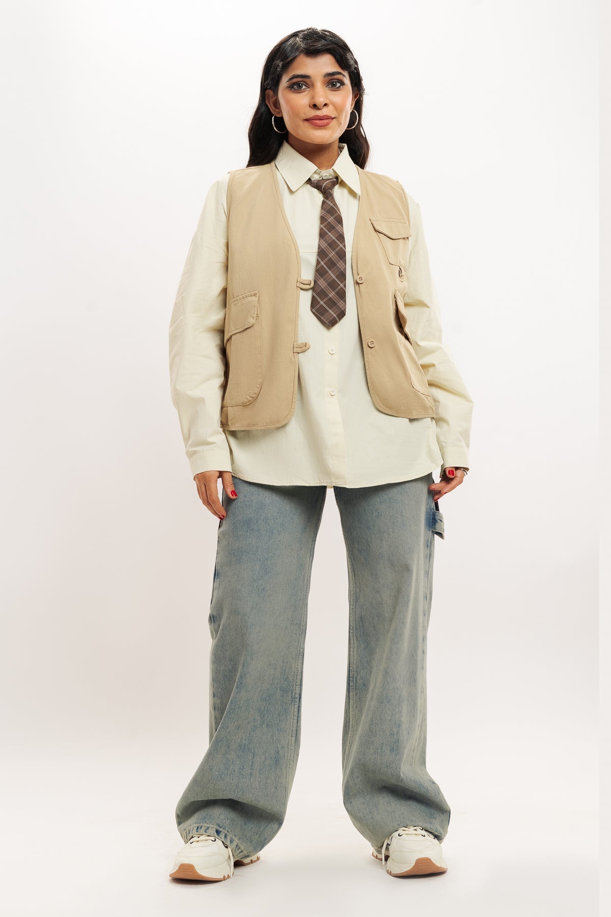 Brown Vested Shirt With Tie