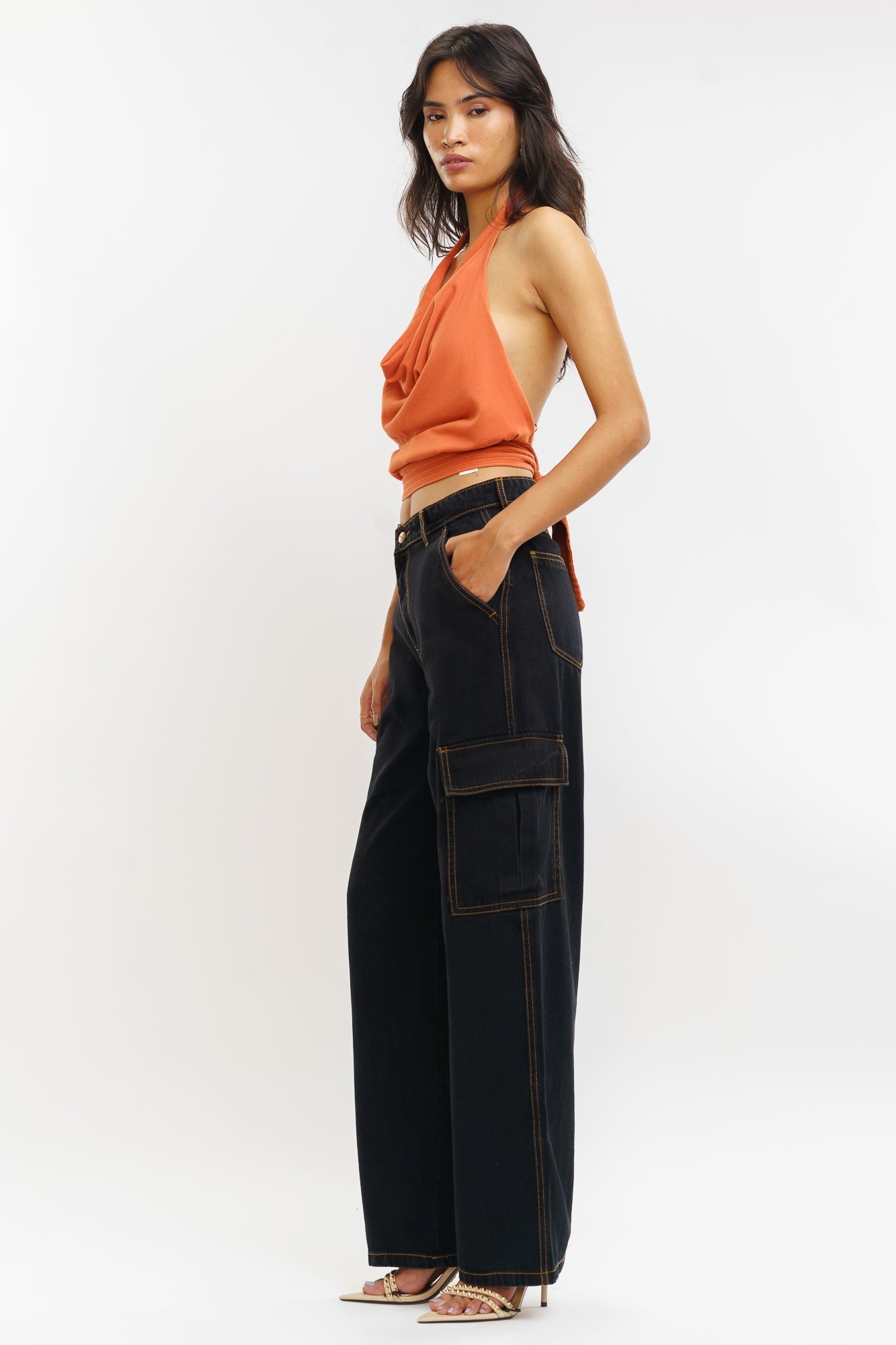 Denim Contrast Stitch Baggy Cargo