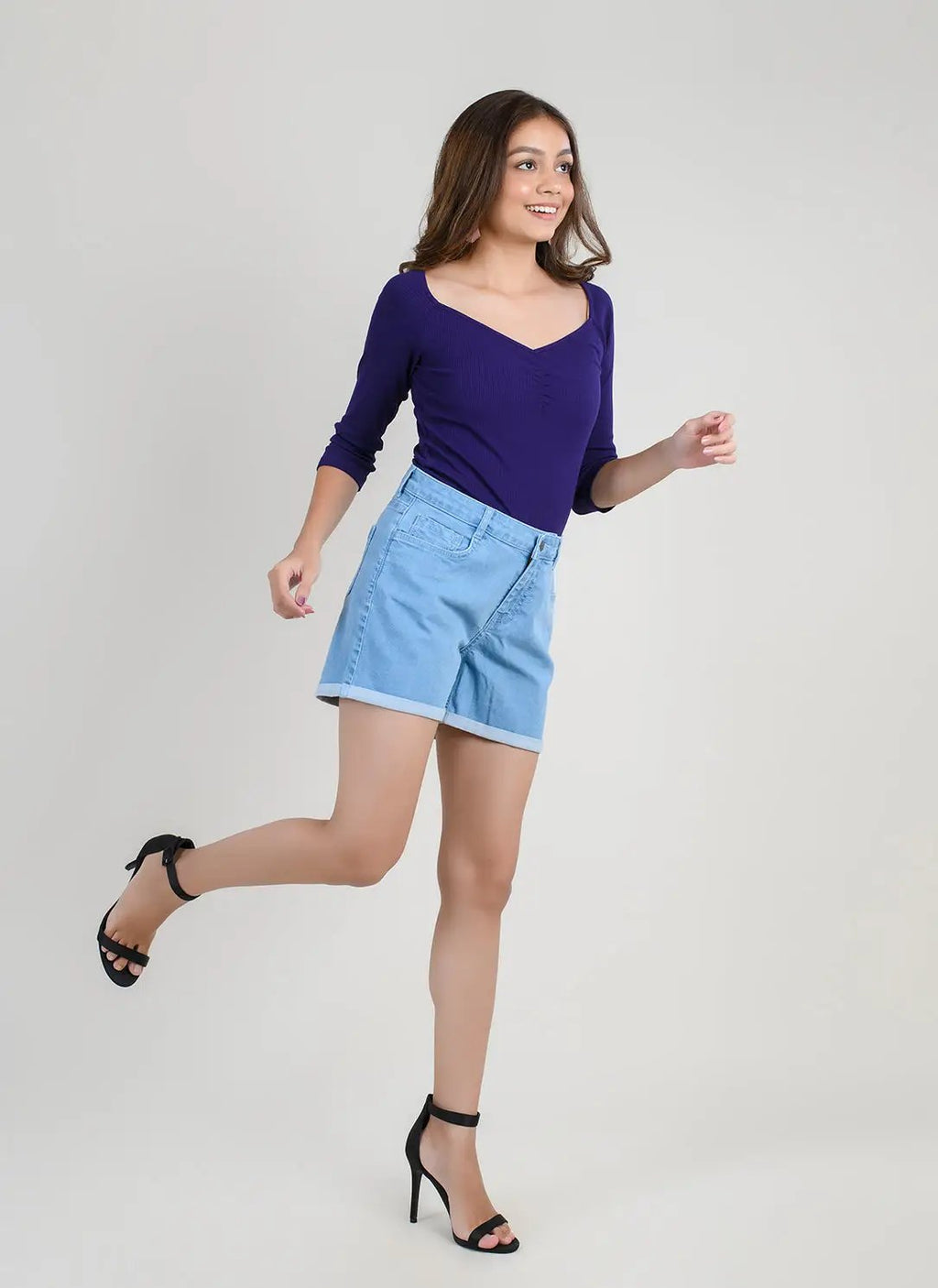 High Waist Denim Shorts With Rolled Up Hem