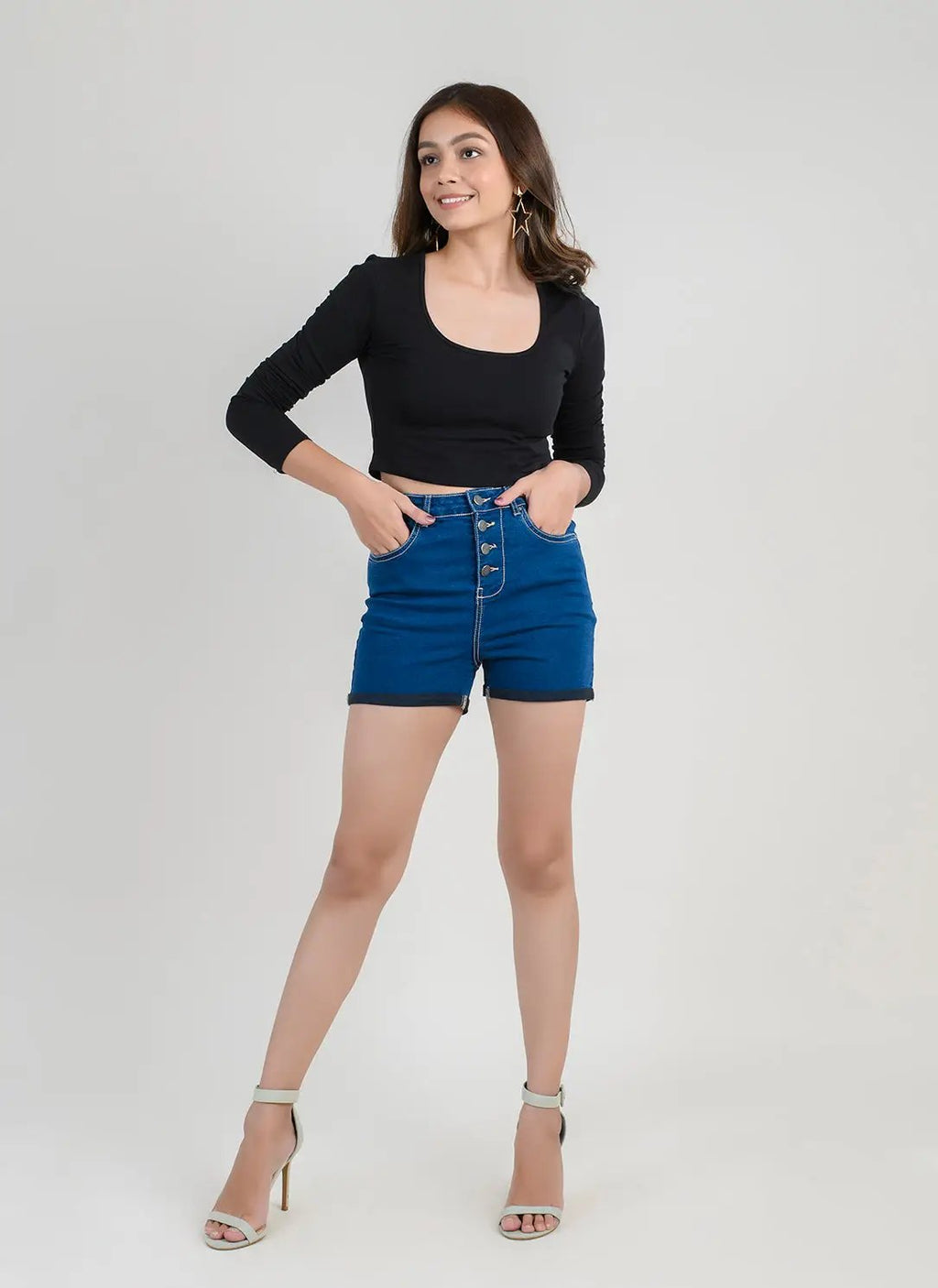 Dark Blue Hot Shorts With Button Fly