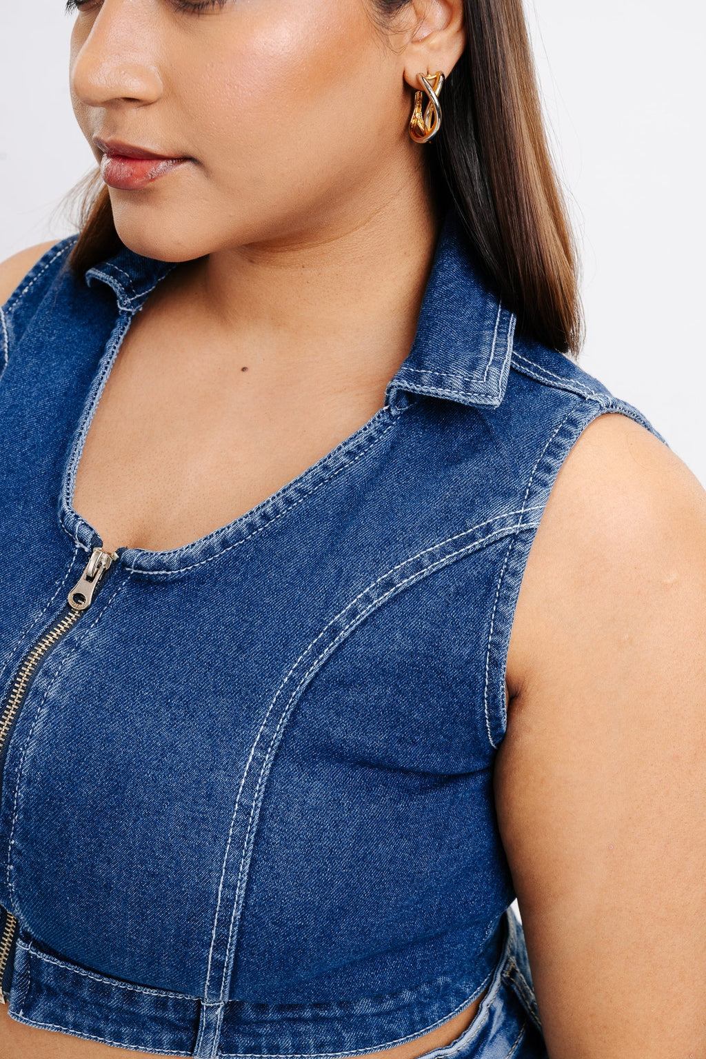 Halter Front Zip Denim Top
