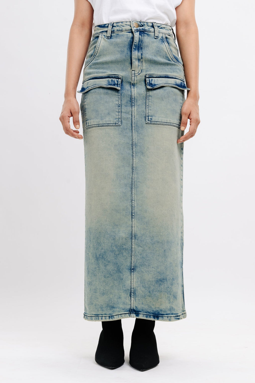 Denim Patch Pocket Retro Maxi Skirt