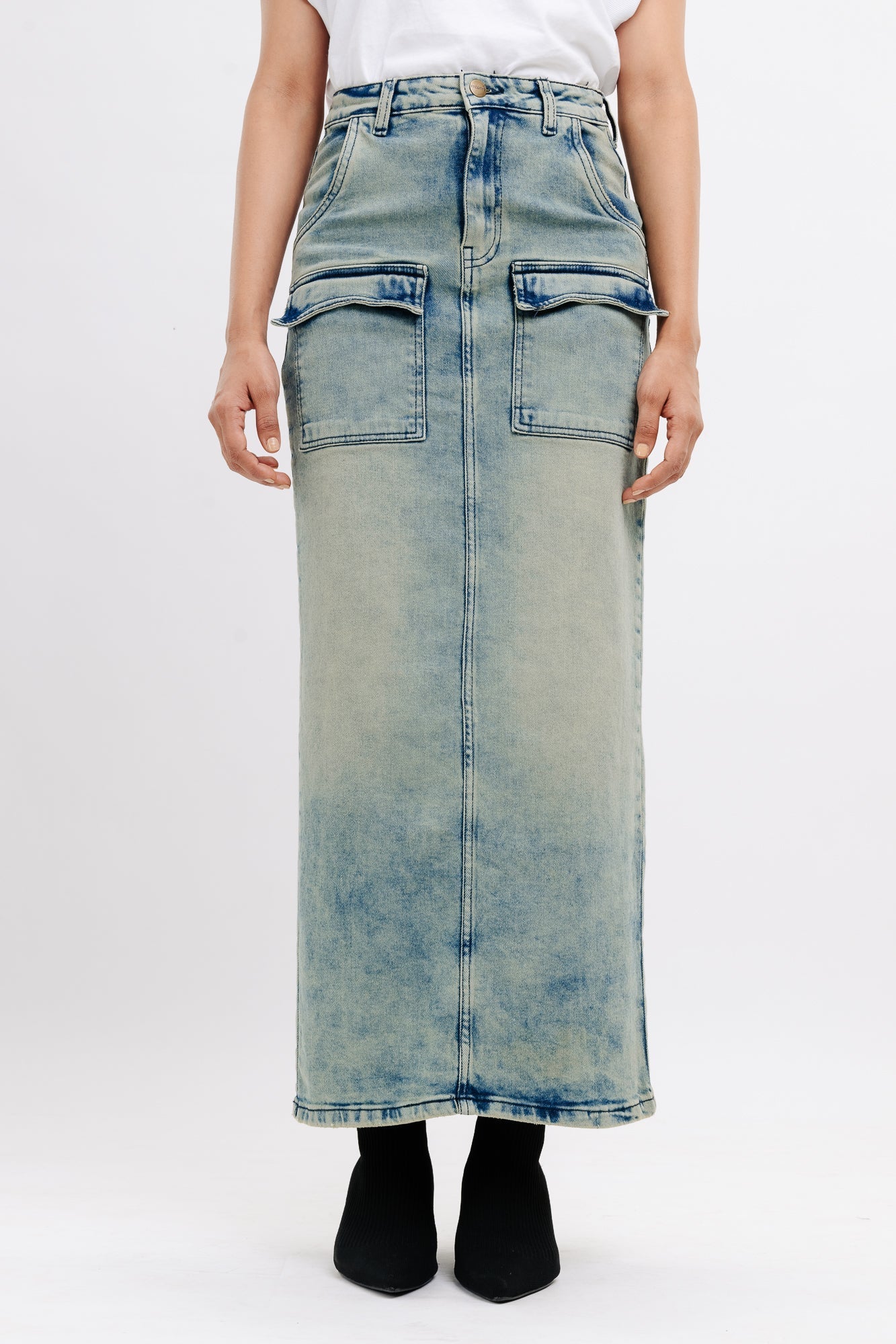 Denim Patch Pocket Retro Maxi Skirt