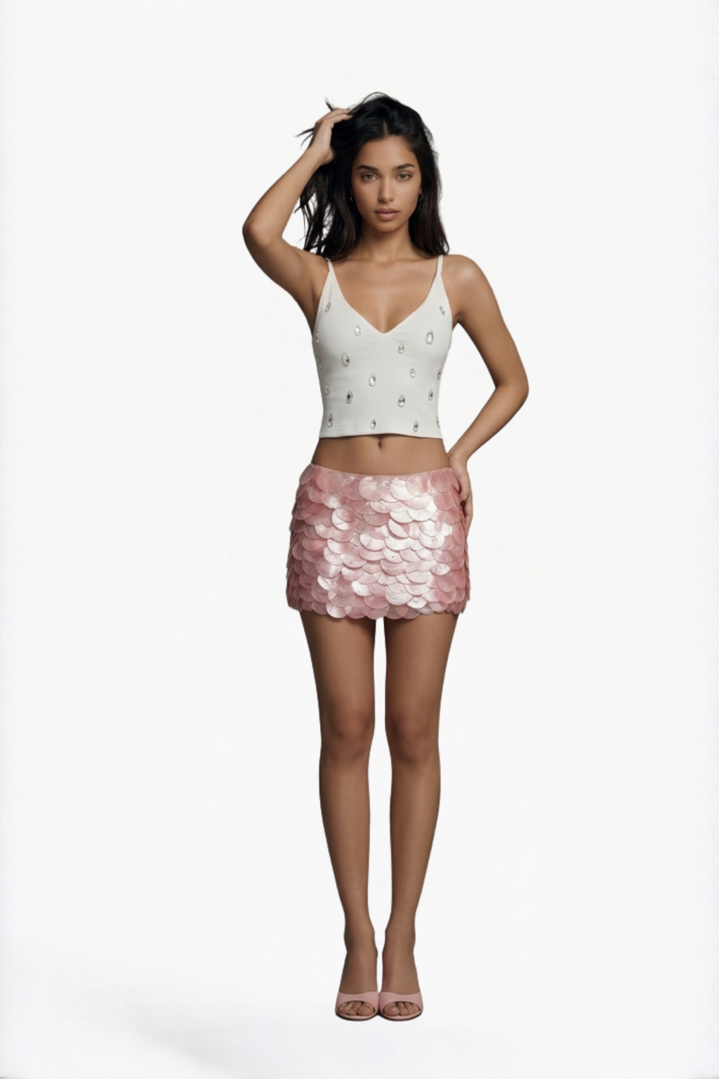 White Crystal-Embellished Crop Top