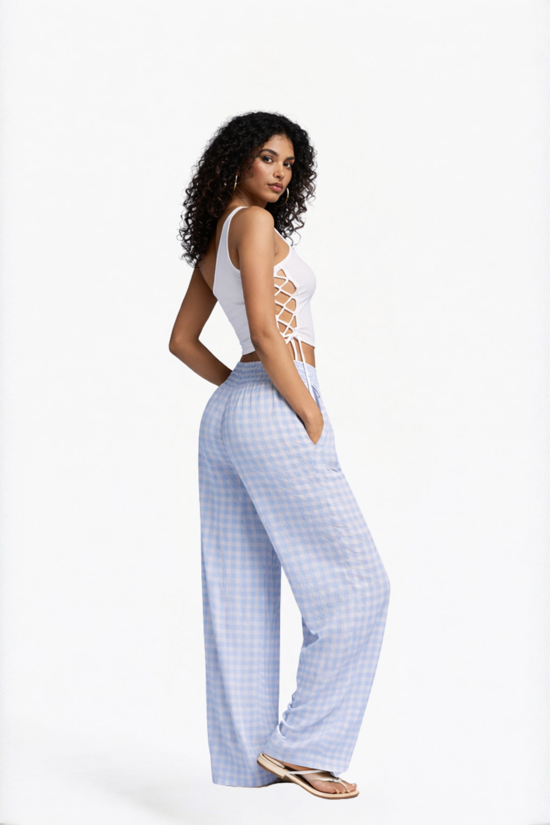 Blue Checked Wide-Leg Pants