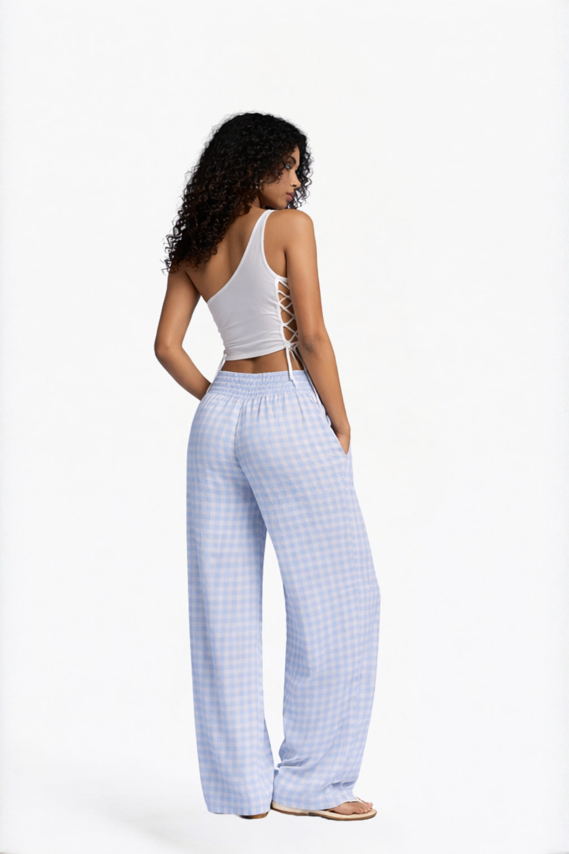 Blue Checked Wide-Leg Pants