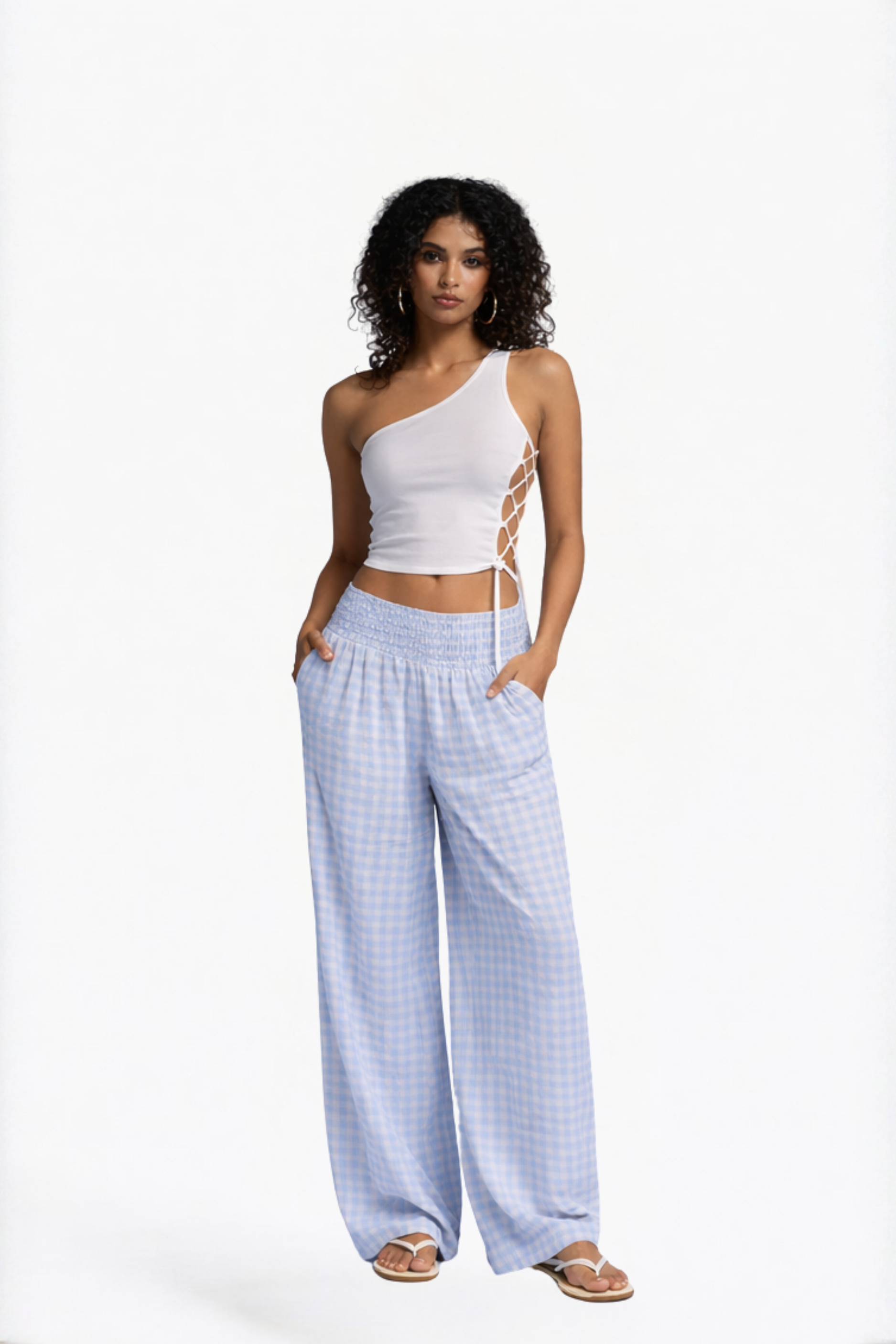Blue Checked Wide-Leg Pants