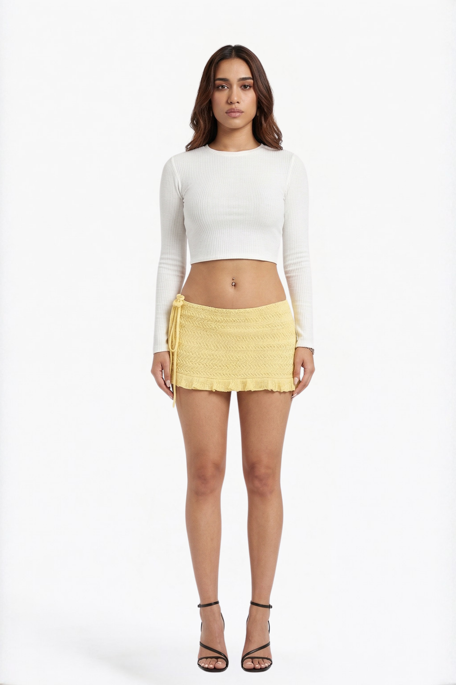 Yellow Crochet Ruffle Tie-Side Mini Skirt