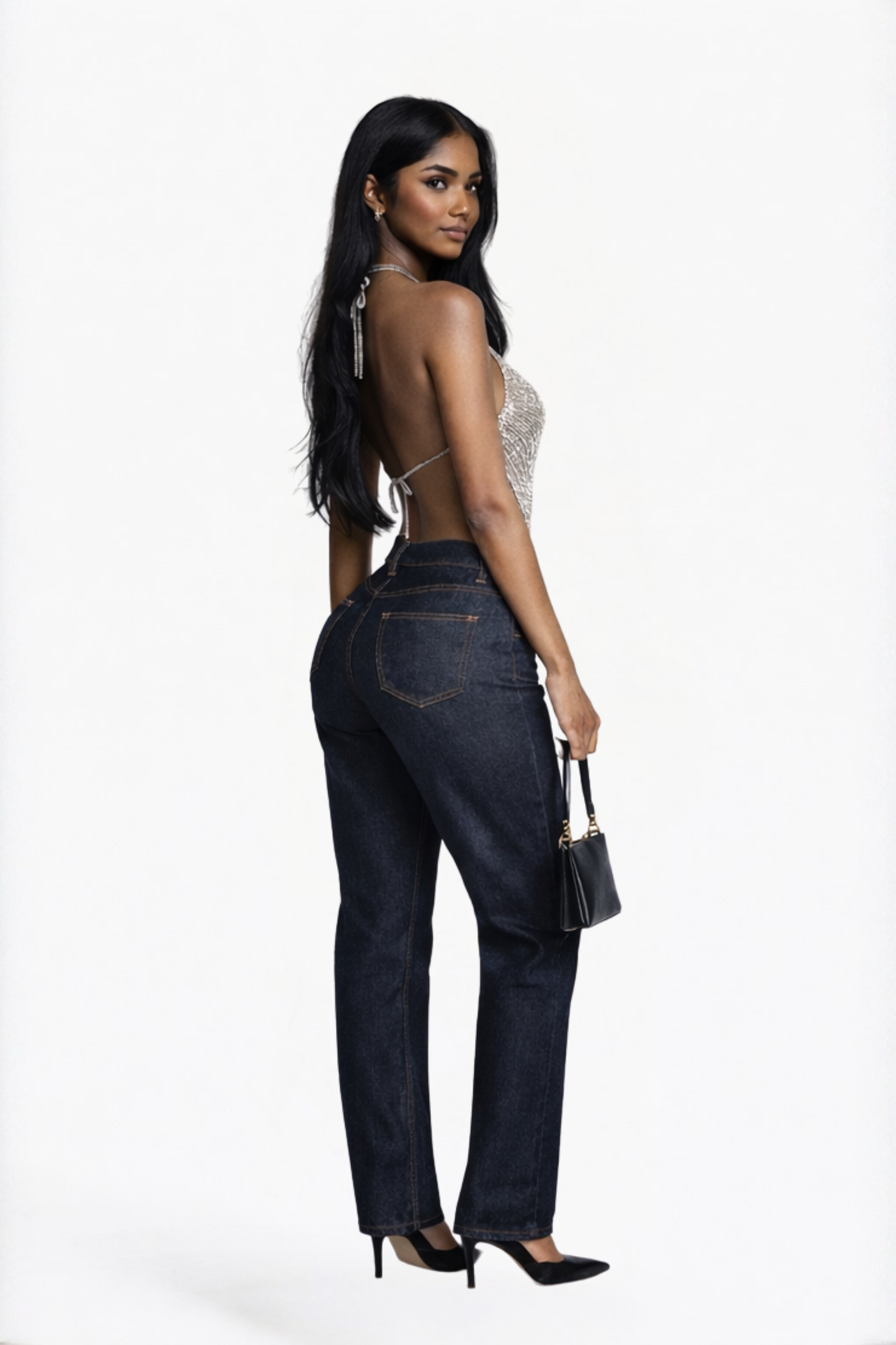 Dark Indigo Wide-Leg Pleated Jeans