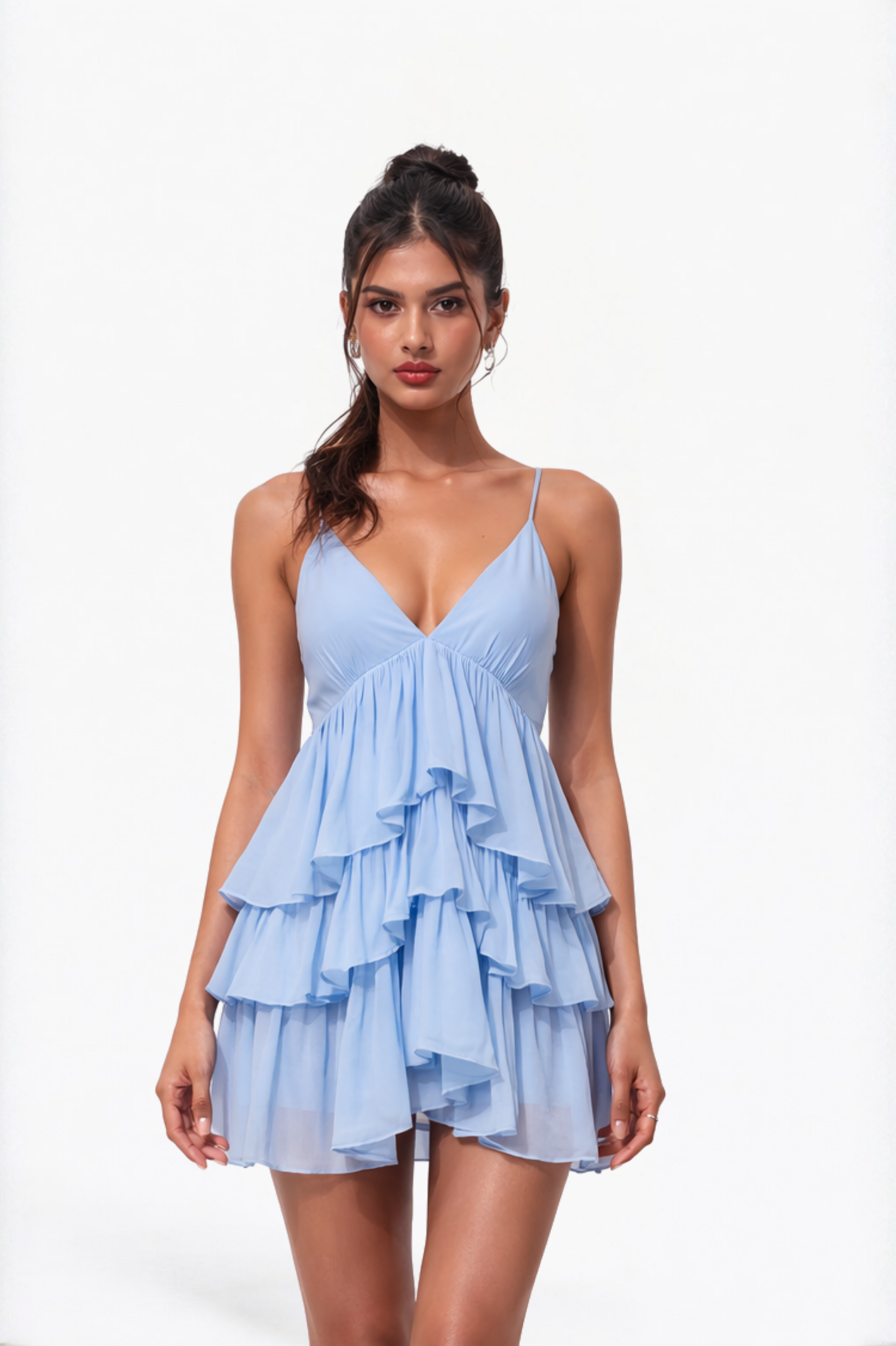Baby Blue Tiered Ruffle Spaghetti Strap Mini Dress