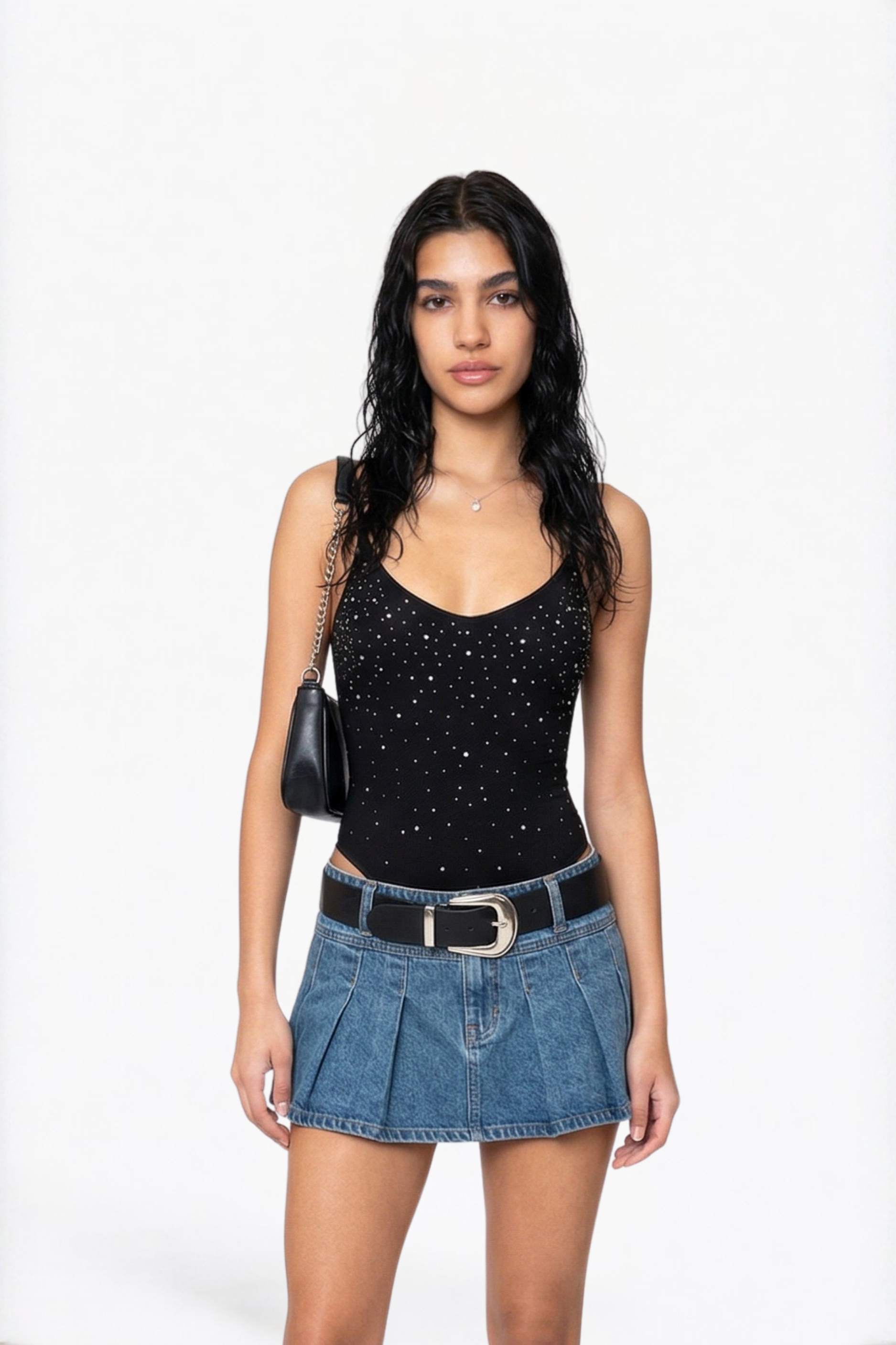 Black Crystal-Embellished Mesh Bodysuit