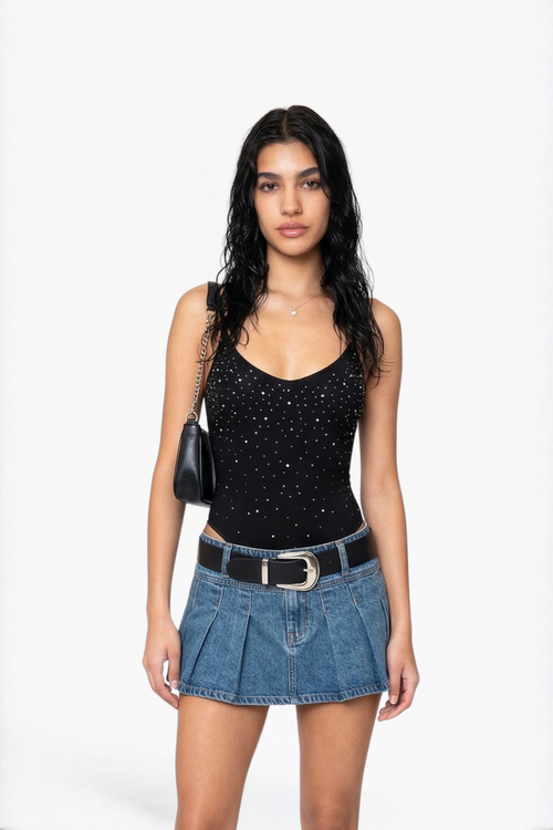 Black Crystal-Embellished Mesh Bodysuit