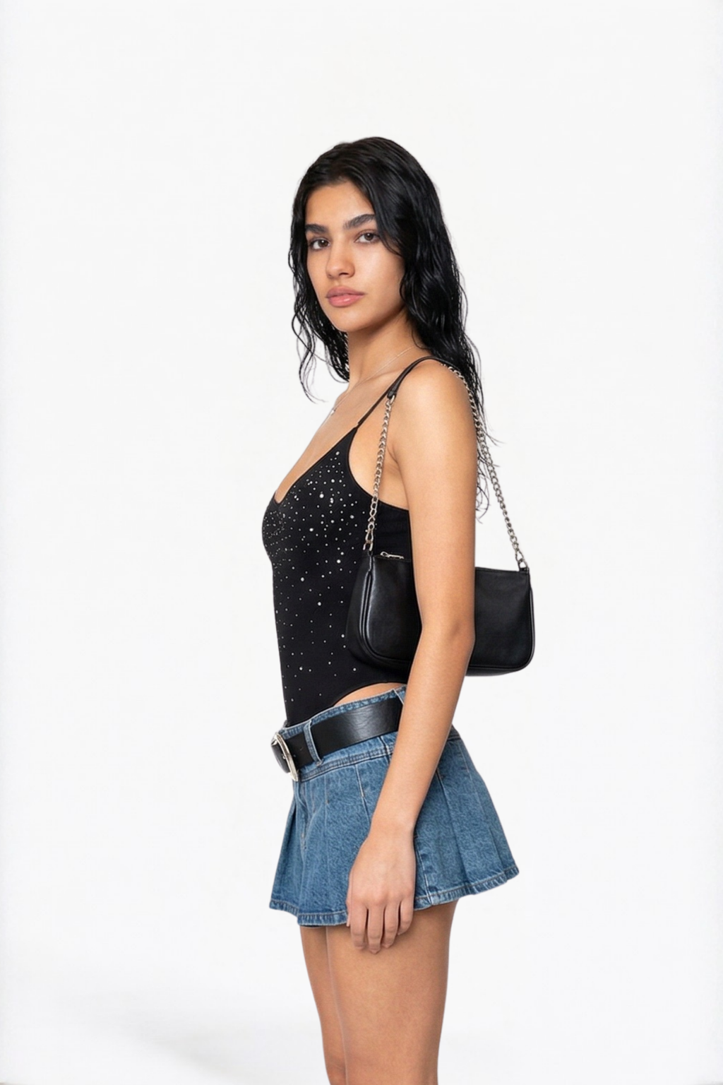 Black Crystal-Embellished Mesh Bodysuit