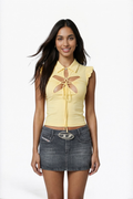 Yellow Ruffle Cap-Sleeve Cut-Out Polo Crop Top