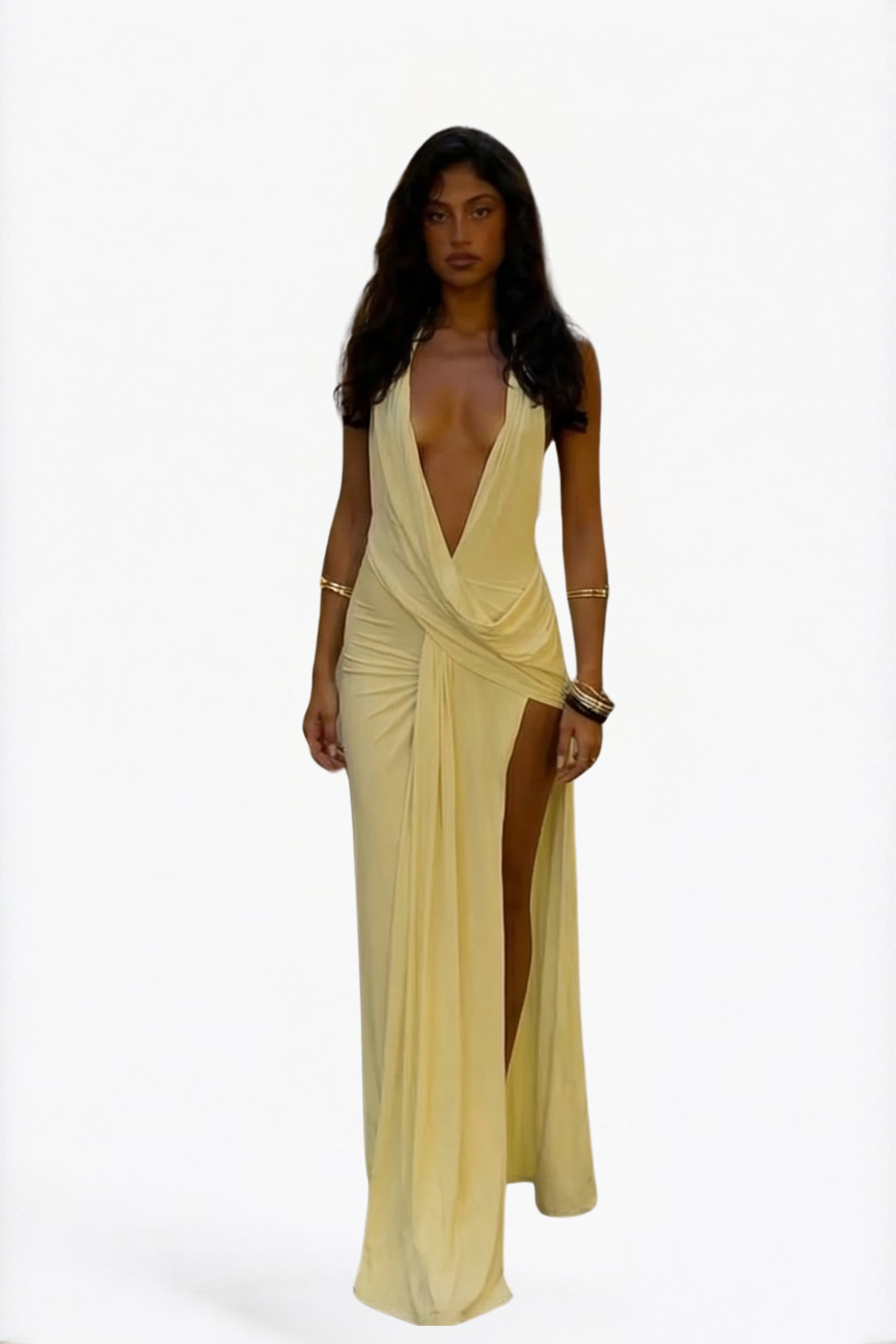 Butter Yellow Halter Cut-Out Wrap Maxi Dress