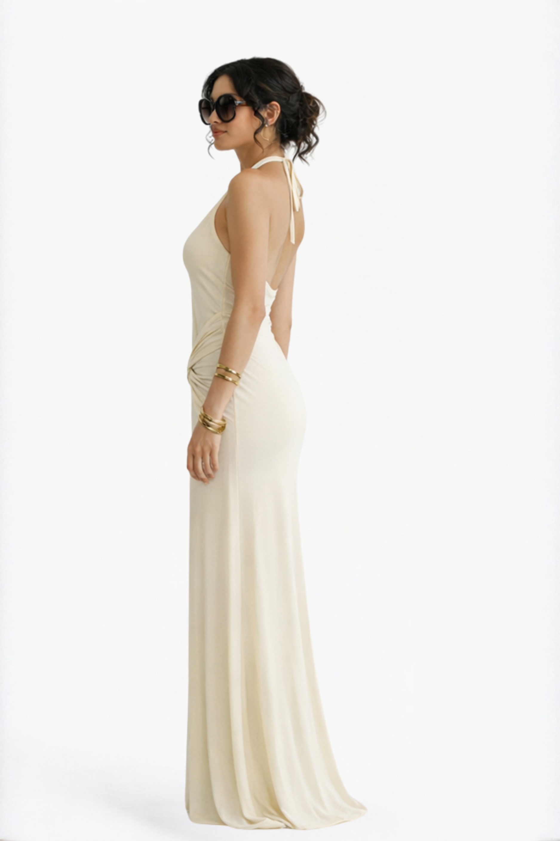 Cream Halter Neck Backless Twist-Front Maxi Dress