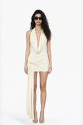 Beige Draped Halter Neck Asymmetric Mini Dress