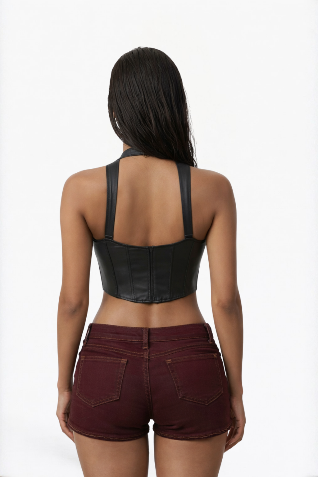 Burgundy Leopard Patch Denim Mini Shorts